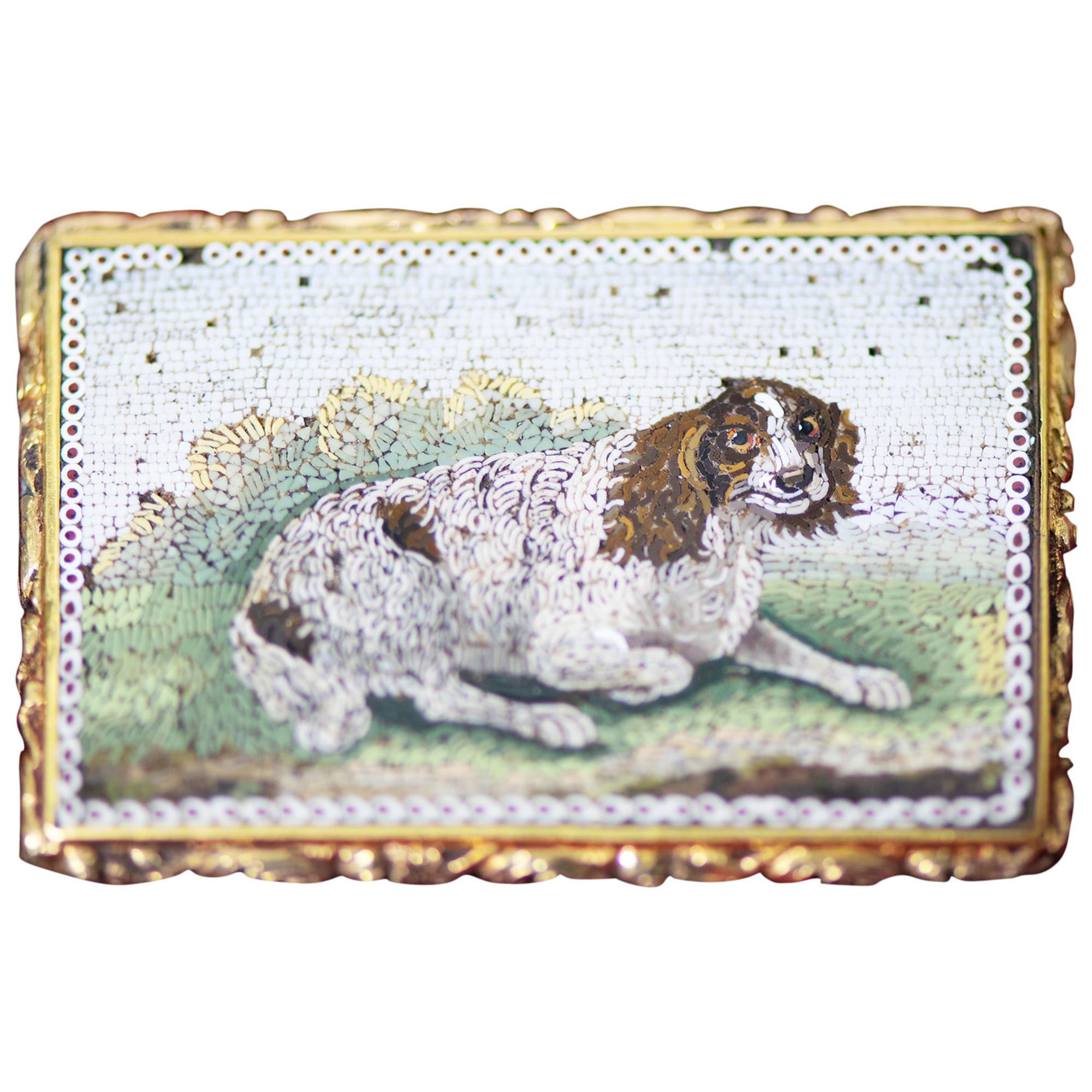 Micro Mosaic 18 Karat Gold Framed Dog Picture Brooch For Sale