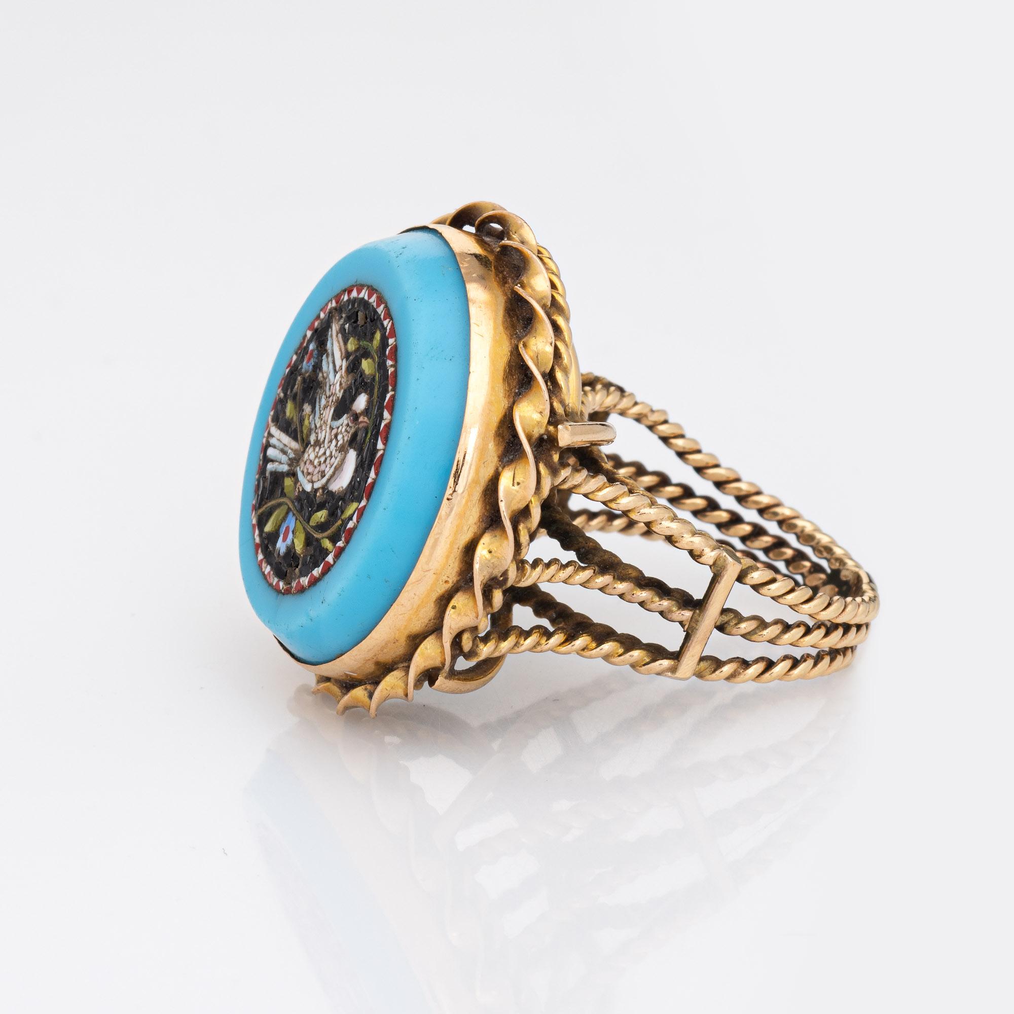 Mikro-Mosaik-Vogel-Ring 60er Jahre Vintage 14k Gelbgold große Runde Cocktail-Ring im Zustand „Gut“ im Angebot in Torrance, CA