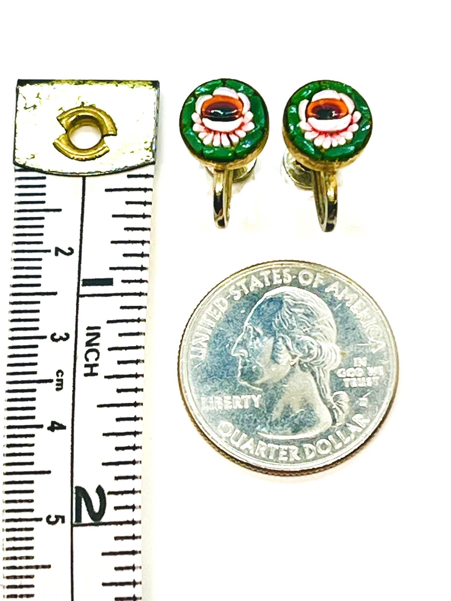 Artisan Micro Mosaic Camelia Flower Stud Earrings Screwback, Pink Green, Italy, 1900s For Sale