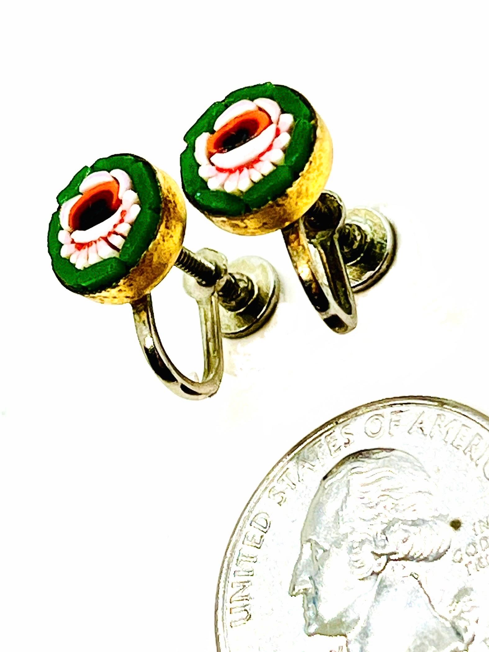 Micro Mosaic Camelia Flower Stud Earrings Screwback, Pink Green, Italy, 1900s In Good Condition For Sale In Lynnwood, WA
