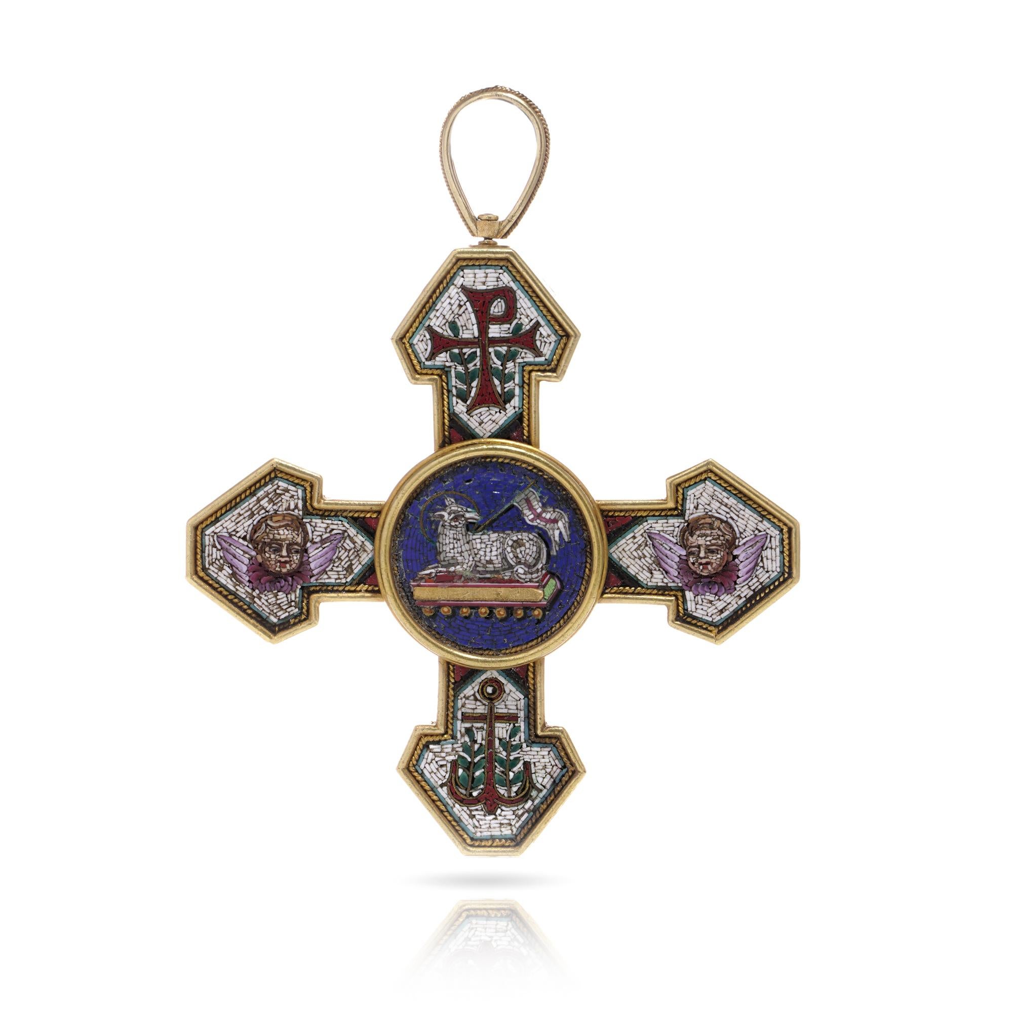 Antique Italian 22kt. yellow gold pendant/brooch Micro Mosaic cross.Made in the Papal workshops , marked with the Vatican stamp of the Papal tiara with the keys of St. Peter Circa 1850's - 1860s 

Dimensions:Length x width x height: 7 x 5.7