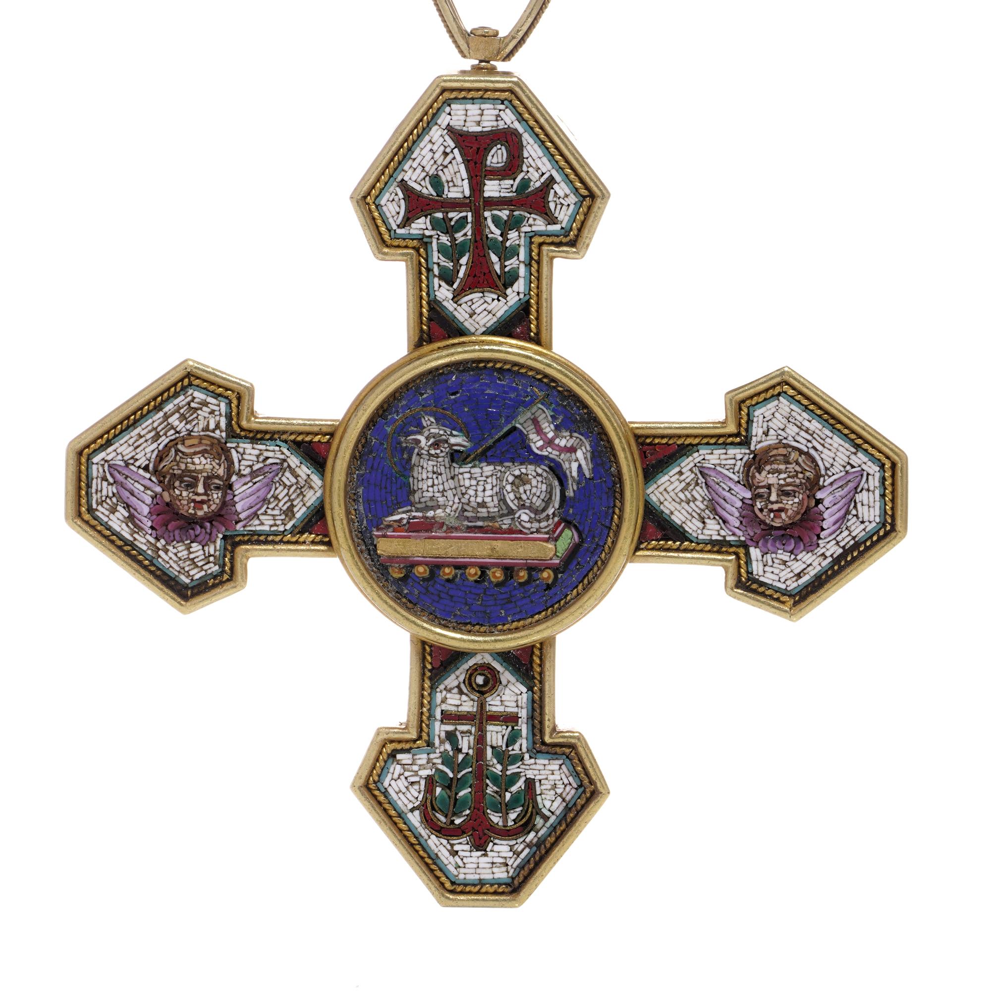 Micro Mosaic cross with Religious Christianity motifs in 22kt gold For Sale 1