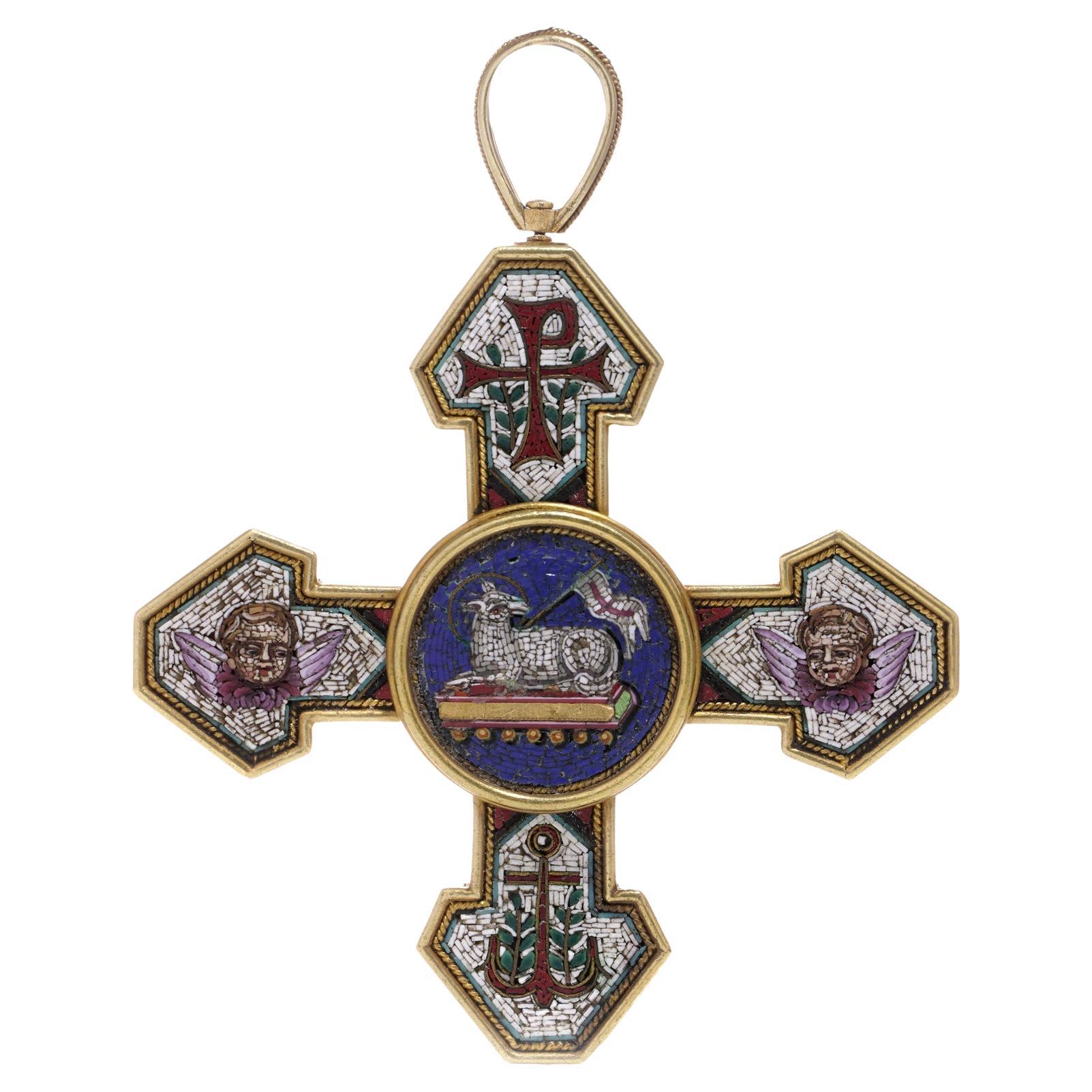 Micro Mosaic cross with Religious Christianity motifs in 22kt gold For Sale