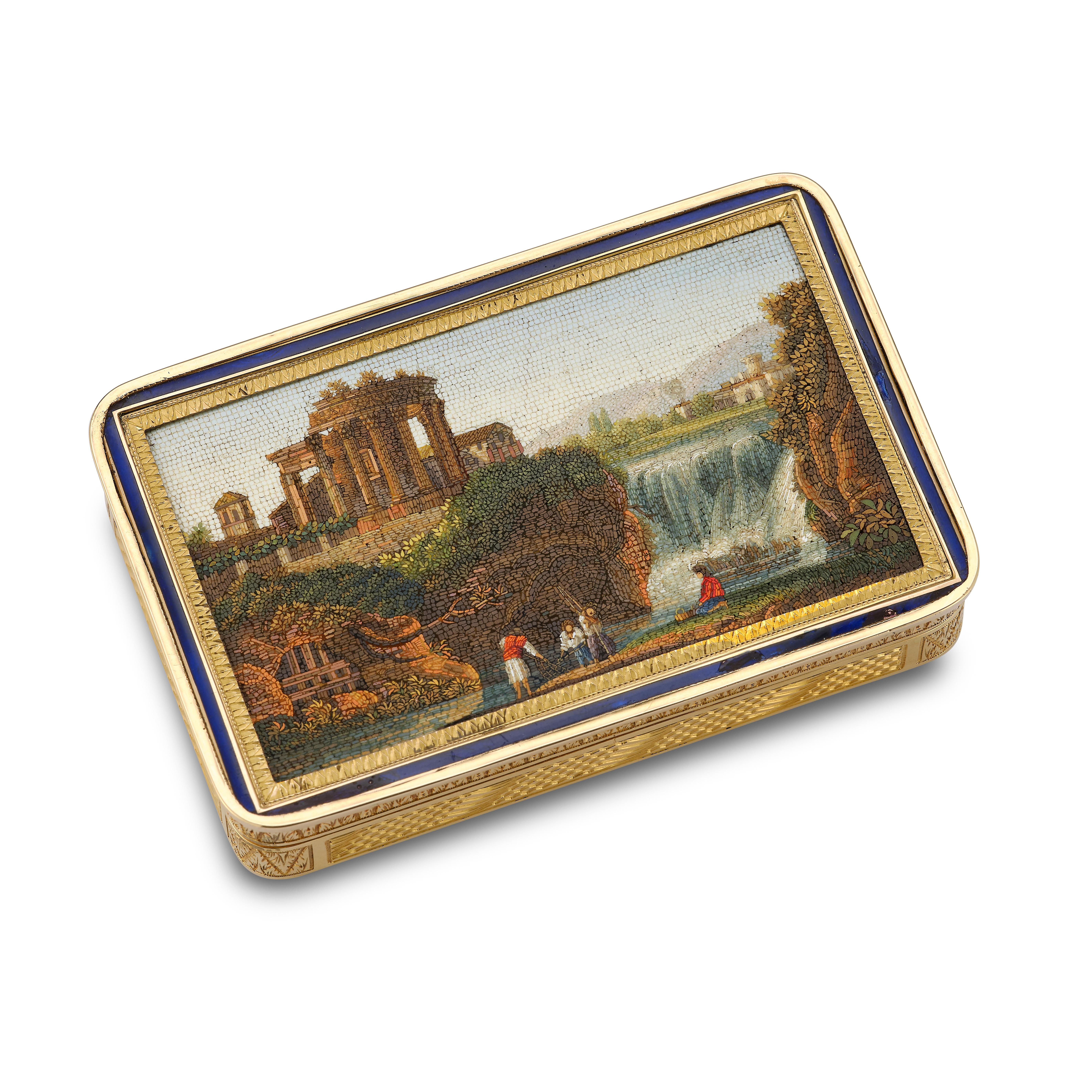 Antique Micro Mosaic Gold Snuff Box 

 An 18k gold beautifully engraved snuff box, with a breathtaking micro mosaic on the lid of a waterfall flowing into a river.

Made circa 1850

Dimensions: 3.25