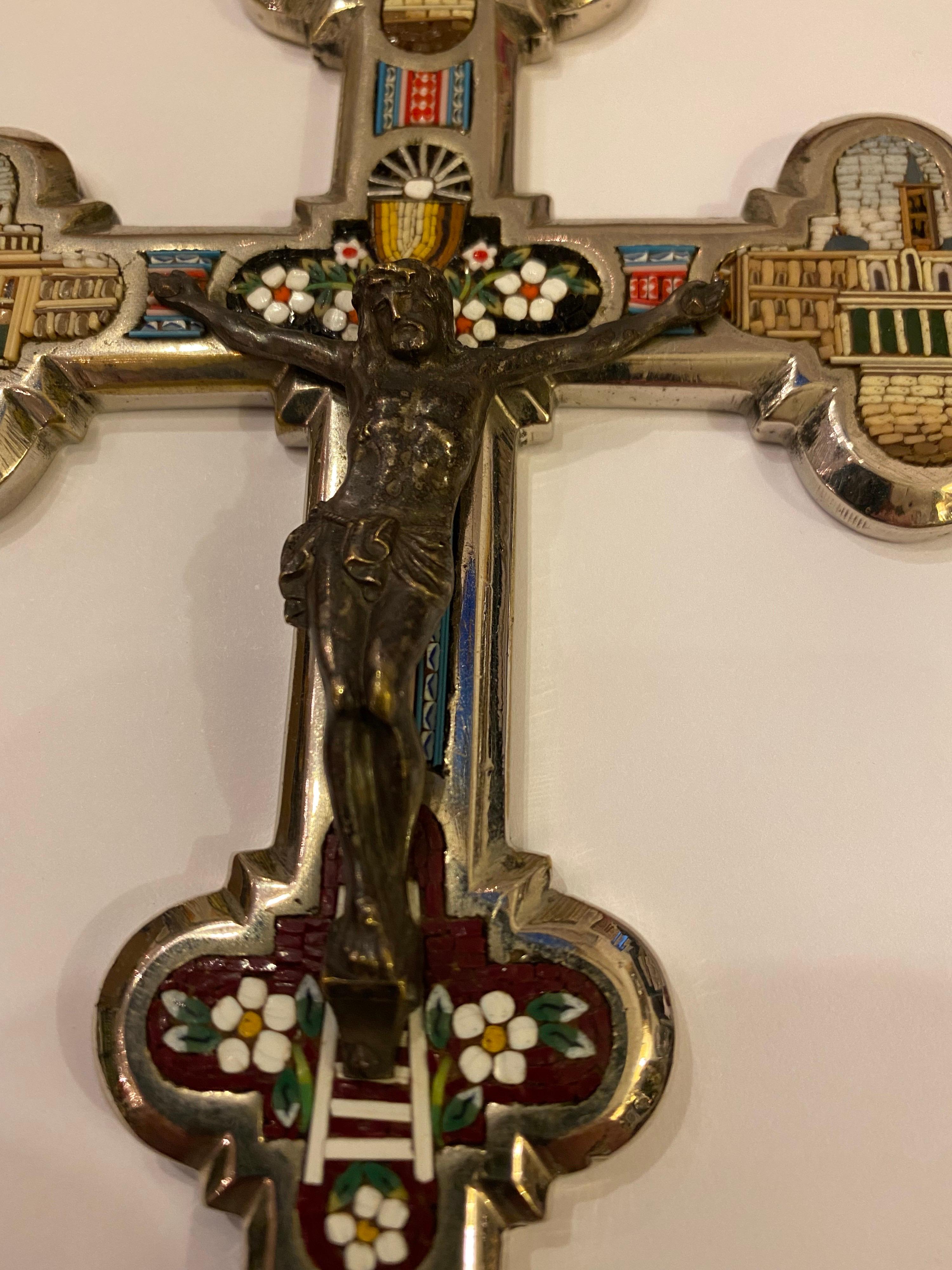 19th Century Micro Mosaic Inlaid Silver Plate Cross For Sale