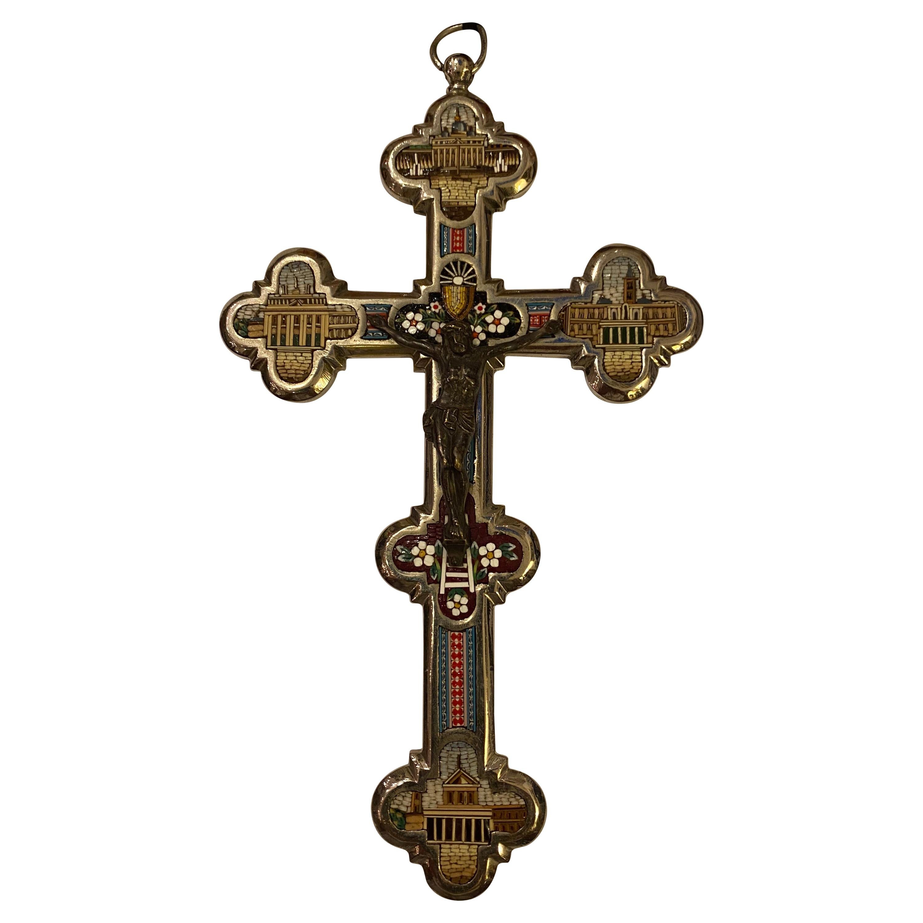 Micro Mosaic Inlaid Silver Plate Cross For Sale