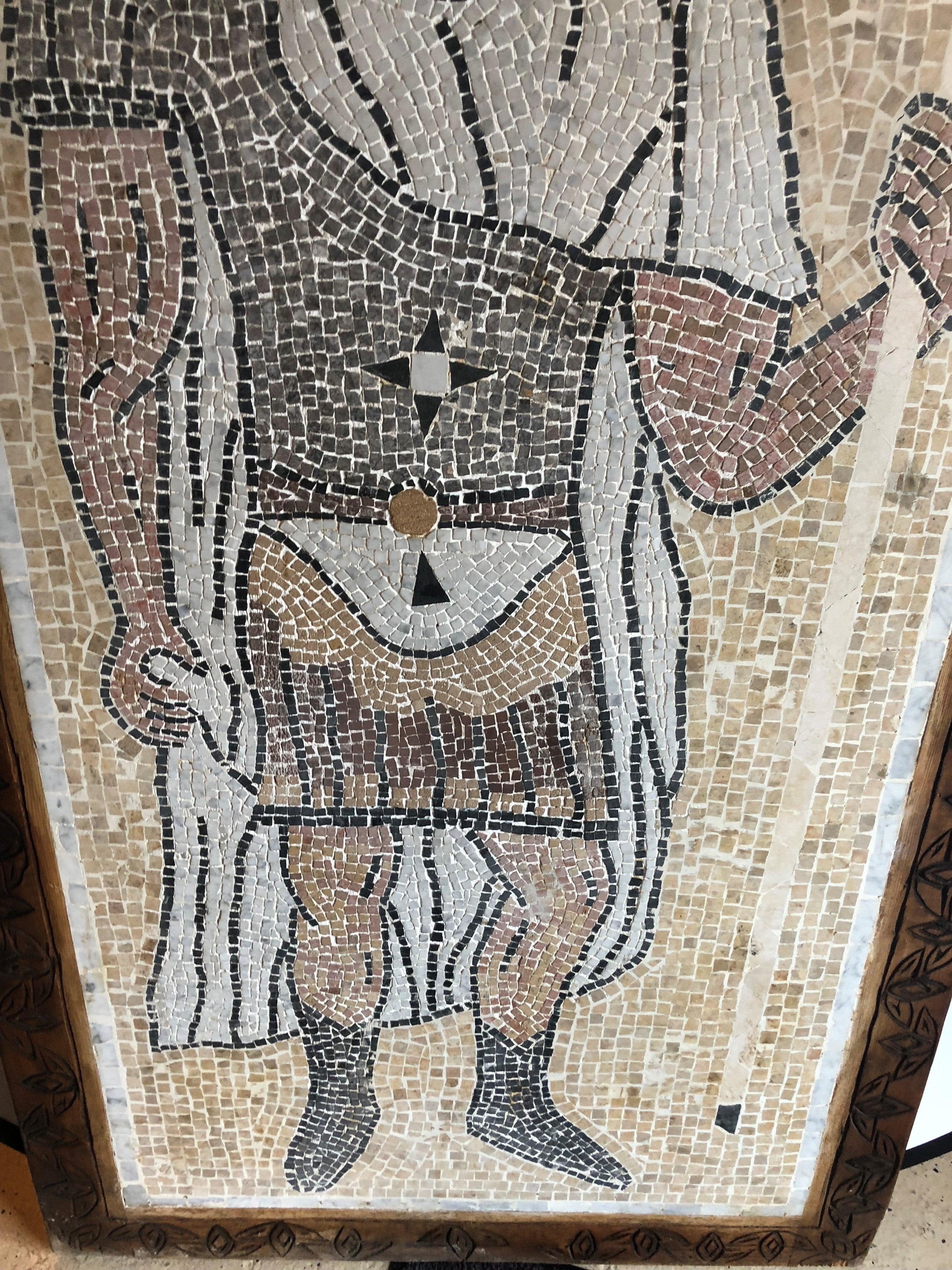 Classical Roman Italian Mosaic Tile Wall Plaque or Table Top of a Centurion in Wood Carved Frame For Sale