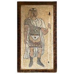 Vintage Italian Mosaic Tile Wall Plaque or Table Top of a Centurion in Wood Carved Frame