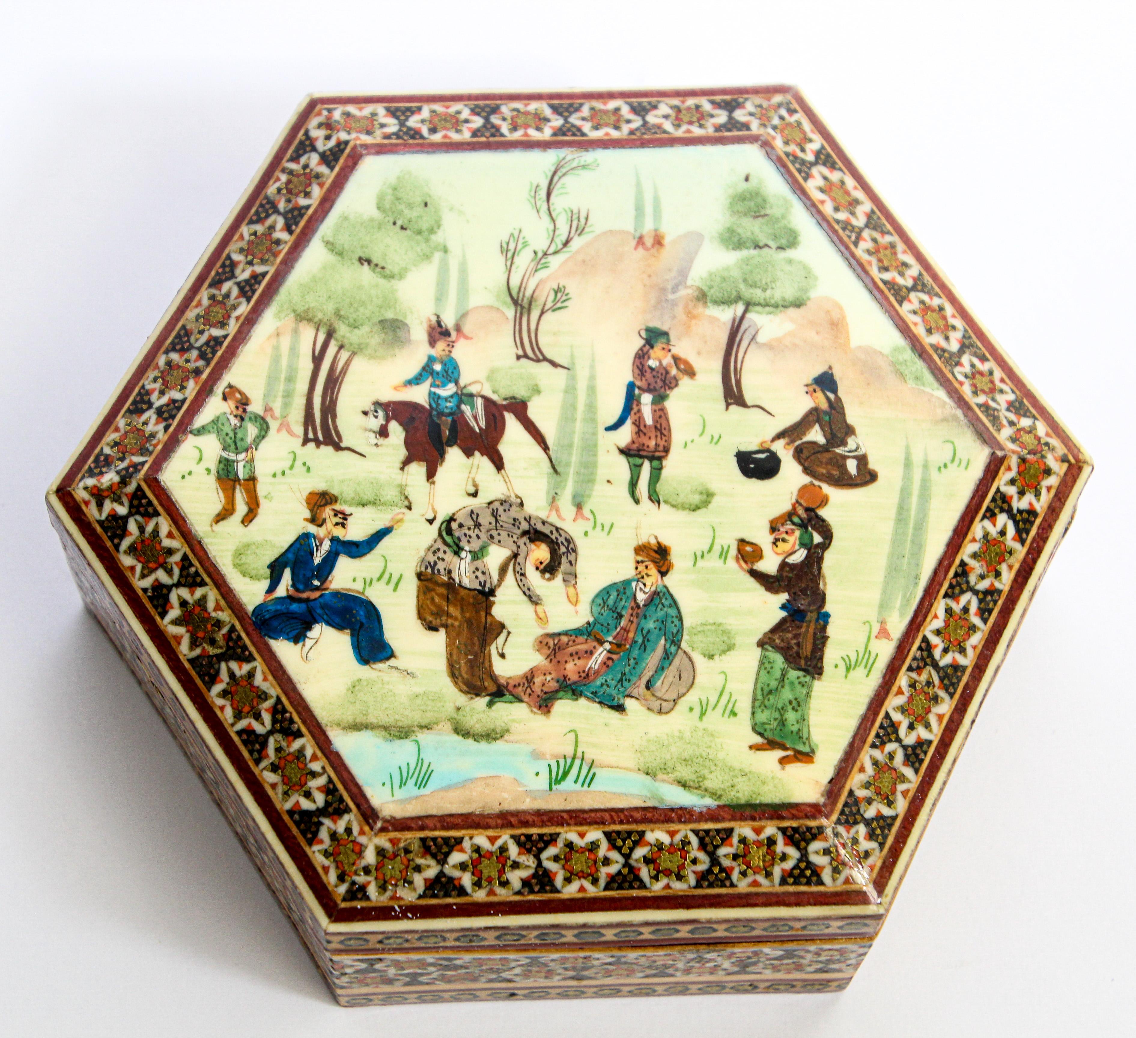 20th Century Khatam Persian Micro Mosaic Marquetry Inlaid Jewelry Trinket Box 1950's For Sale