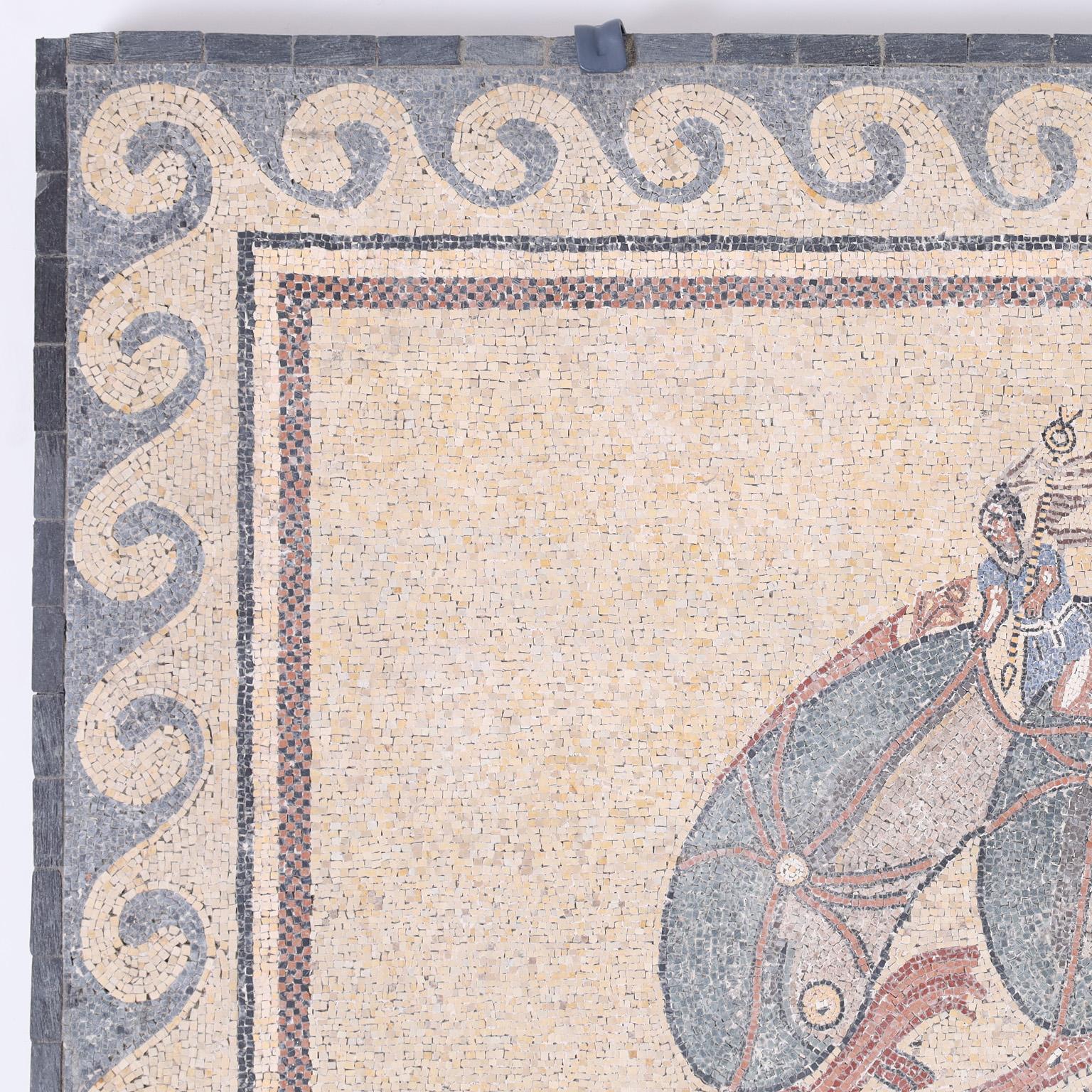As seen on the floor of the House of Dolphins on the Greek Island of Delos, a mythological micro mosaic plaque, in muted mediterranean colors of Eros riding dolphins bordered by stylized waves, originally executed in the 2nd century BC.