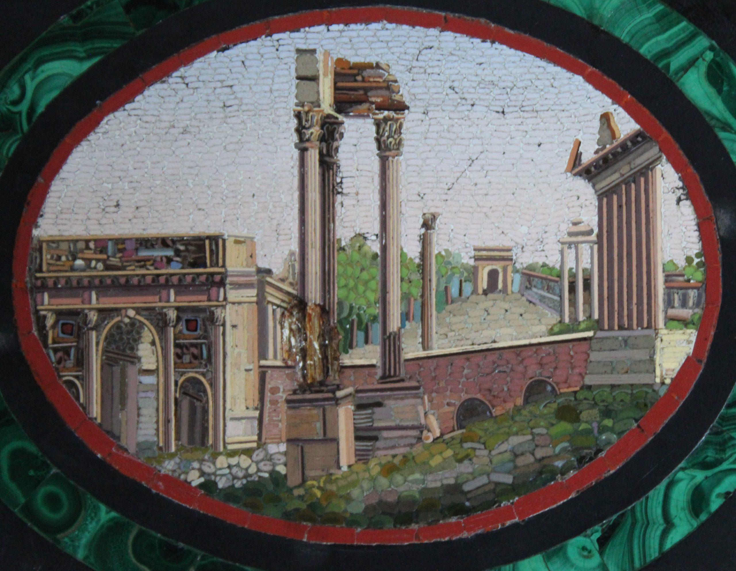 Micro-mosaic Roman Forum with inlaid frame in malachite. ADDITIONAL PHOTOS, INFORMATION OF THE LOT AND SHIPPING INFORMATION CAN BE REQUEST BY SENDING AN EMAIL

Tags: micro-mosaico Foro Romano. Foro Romano en micromosaico. Forum Romain en