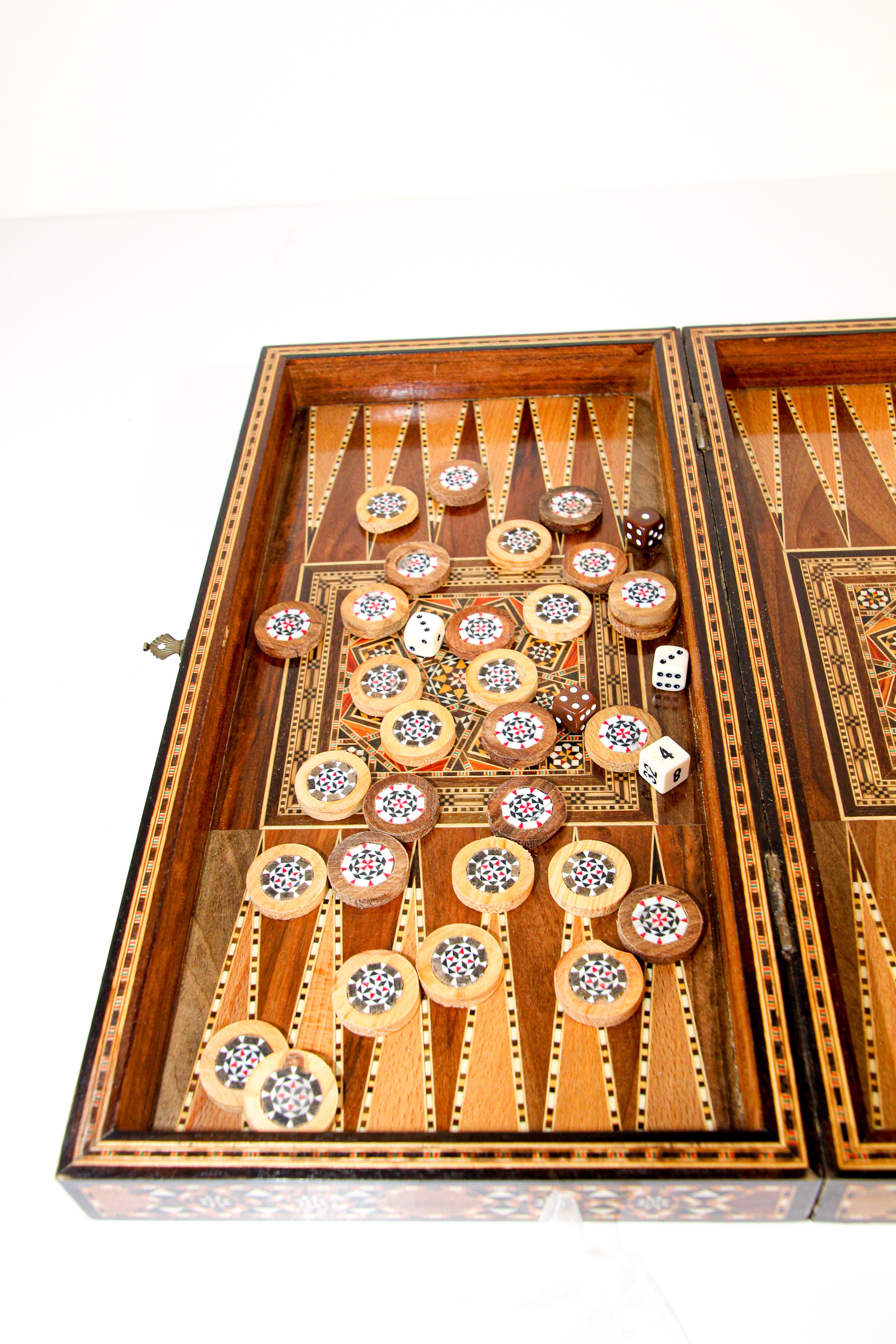 Hand-Carved Micro Mosaic Wooden Inlaid Marquetry Box Game Backgammon and Chess