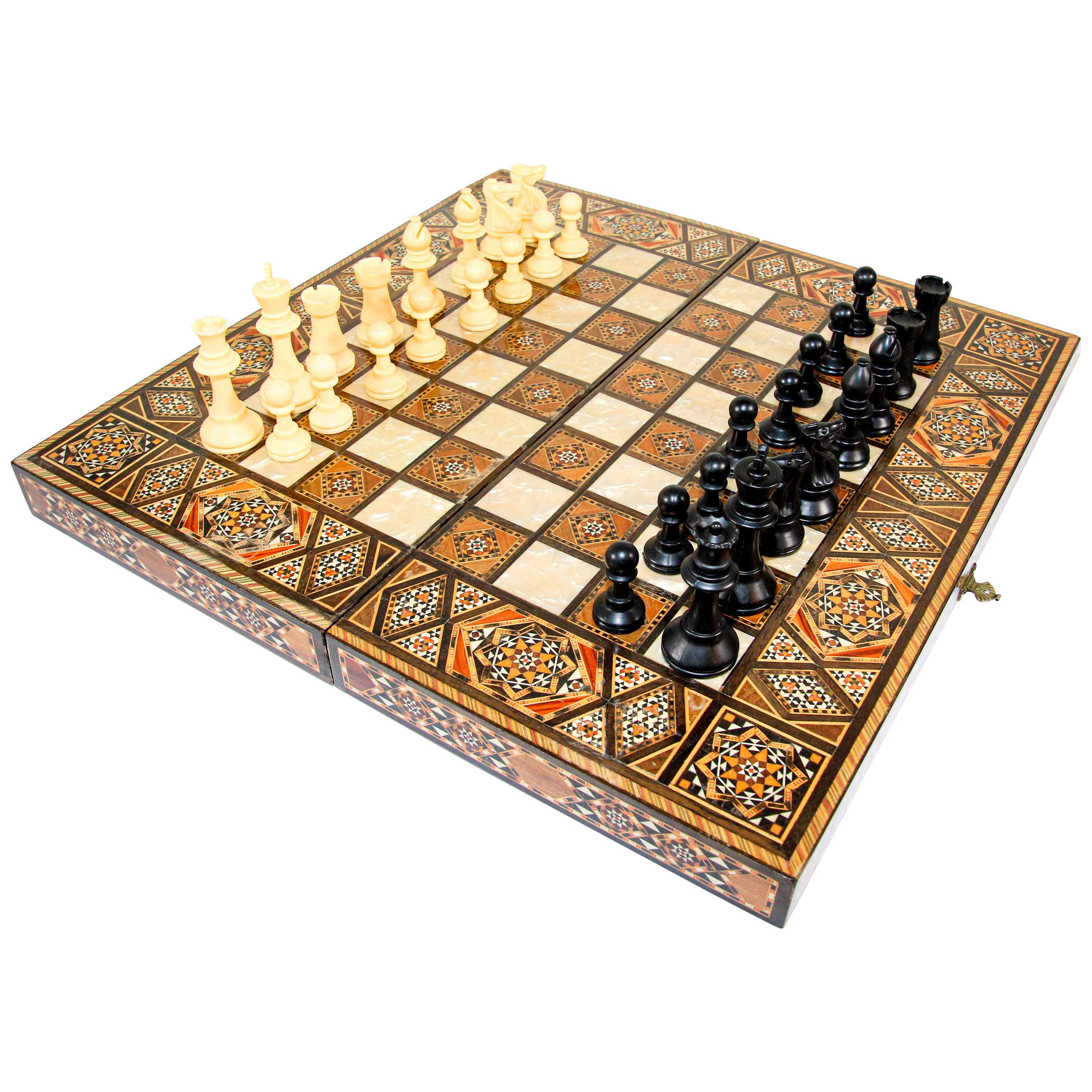 Micro Mosaic Wooden Inlaid Marquetry Box Game Backgammon and Chess