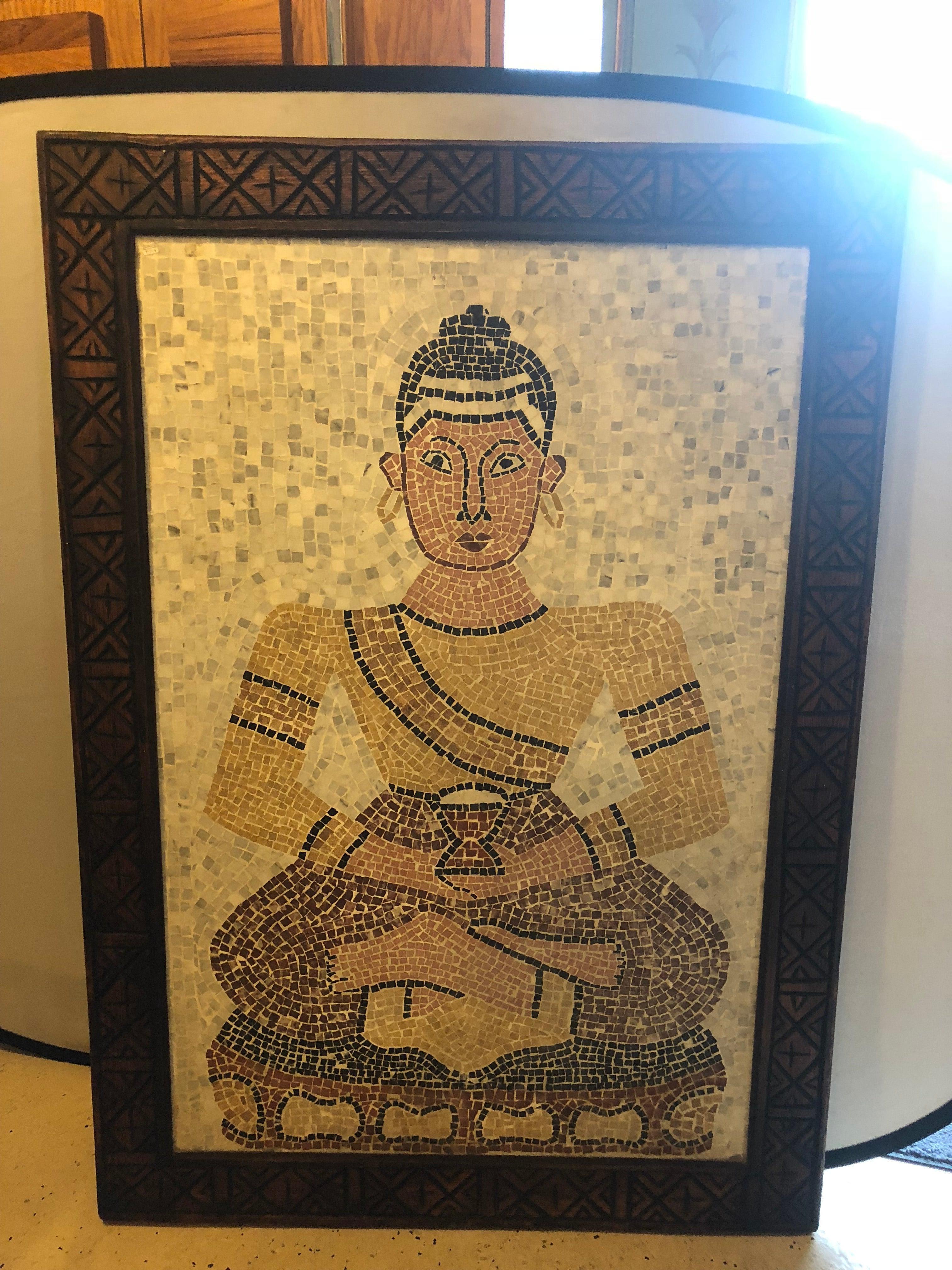 A palatial micro mosaic tile wall plaque of a seated woman holding a goblet in an antiquated wood frame. The wood frame is beautifully carved and the tile alignments of the tiles are the result of outstanding craftsmanship. A lovely room centre