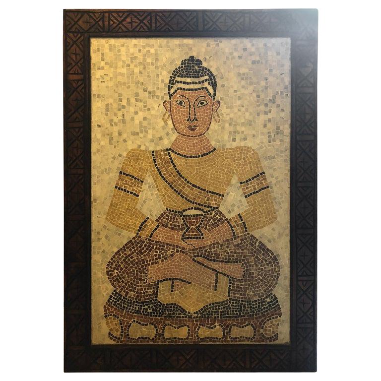 Micro Mosaic Tile Wall Plaque or Table Top of a Seated Woman in Wood Frame For Sale