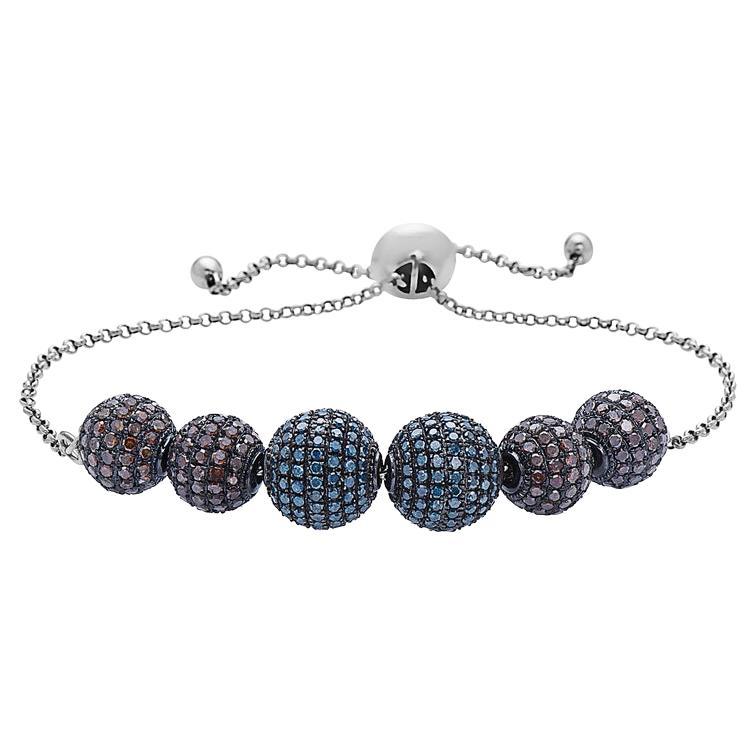 Bracelet de perles à boules en diamants bleus et noirs micro-pavés
