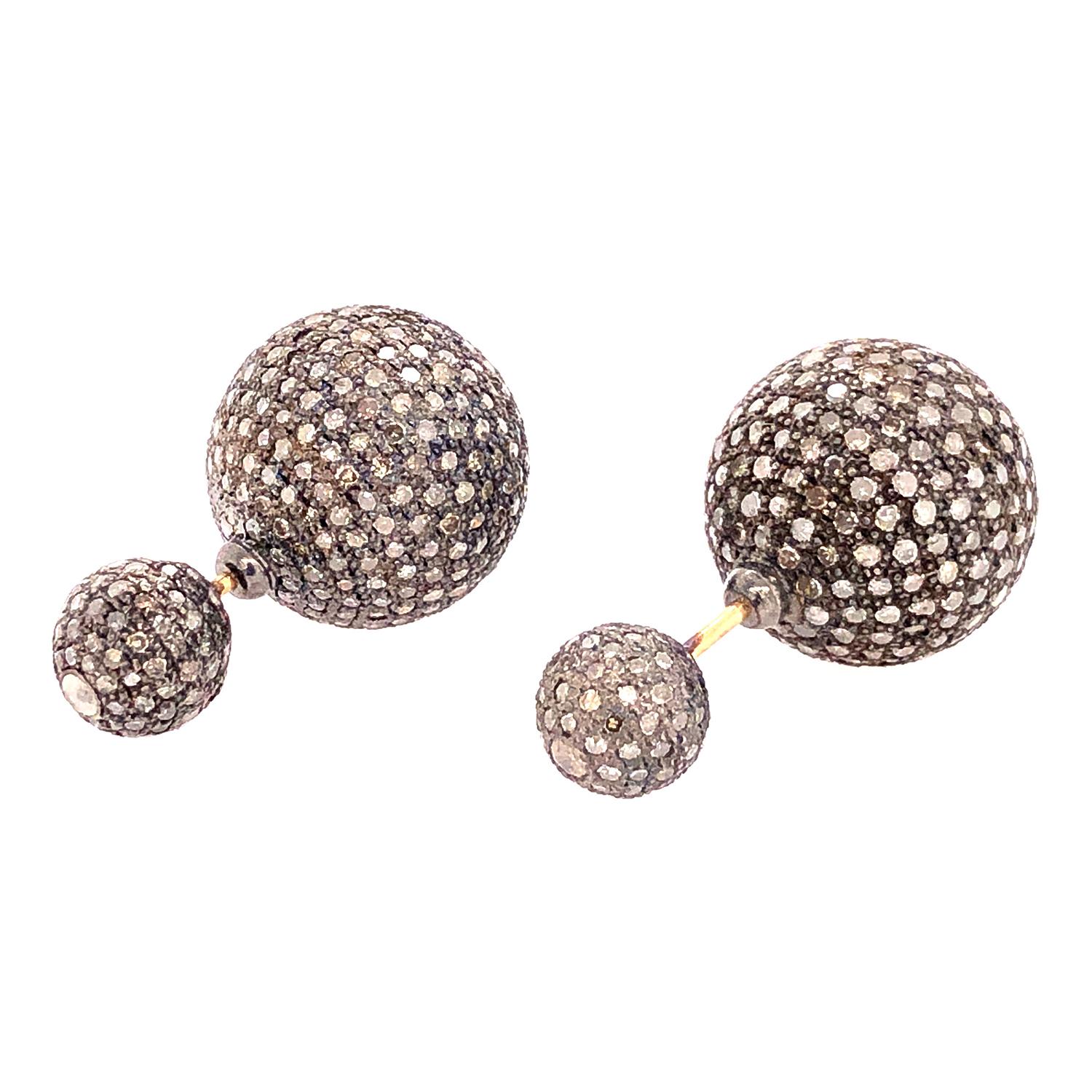 Artisan Micro Pave Diamond Ball Tunnel Earring in 18k Gold & Silver For Sale