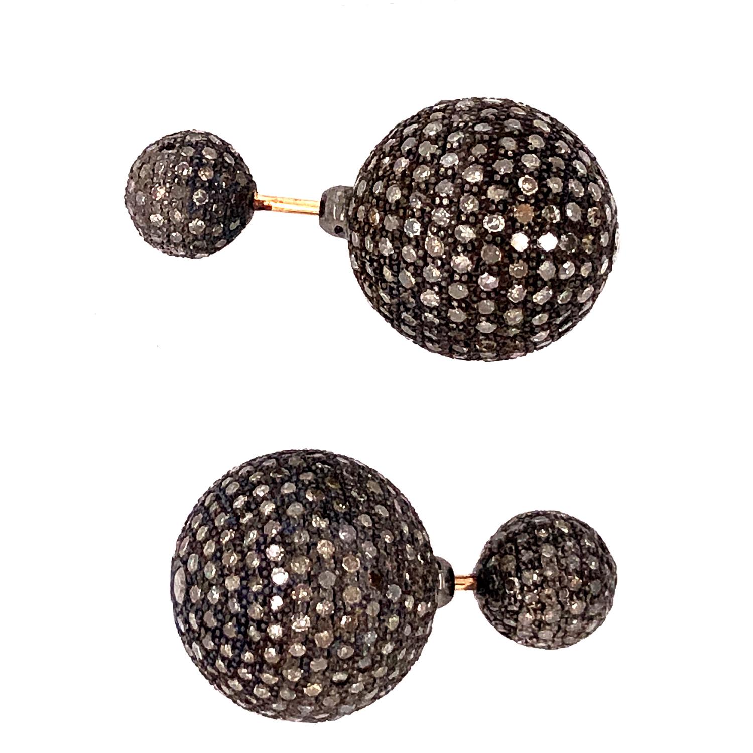 Artisan Micro Pave Diamond Ball Tunnel Earring in 18k Gold & Silver For Sale