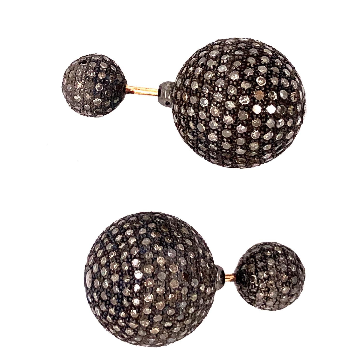 Mixed Cut Micro Pave Diamond Ball Tunnel Earring in 18k Gold & Silver For Sale