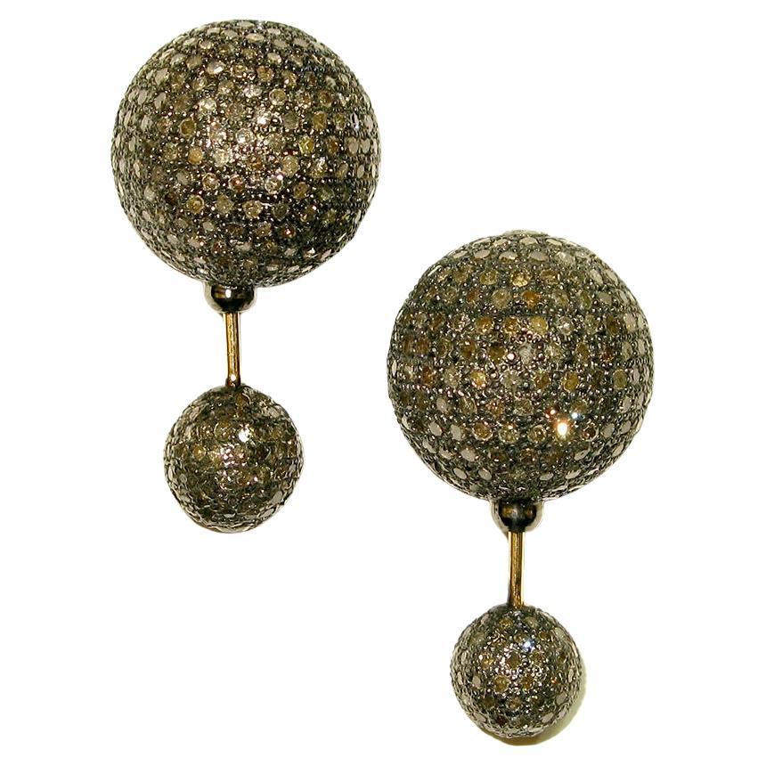 Micro Pave Diamond Ball Tunnel Earring in 18k Gold & Silver For Sale
