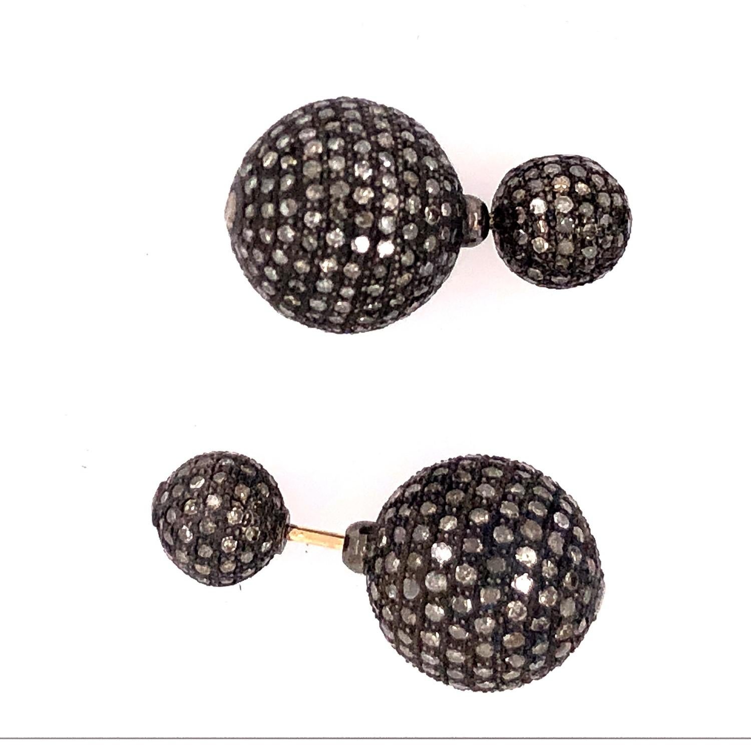 Artisan Micro Pave Diamond Ball Tunnel Earring in Gold & Silver For Sale