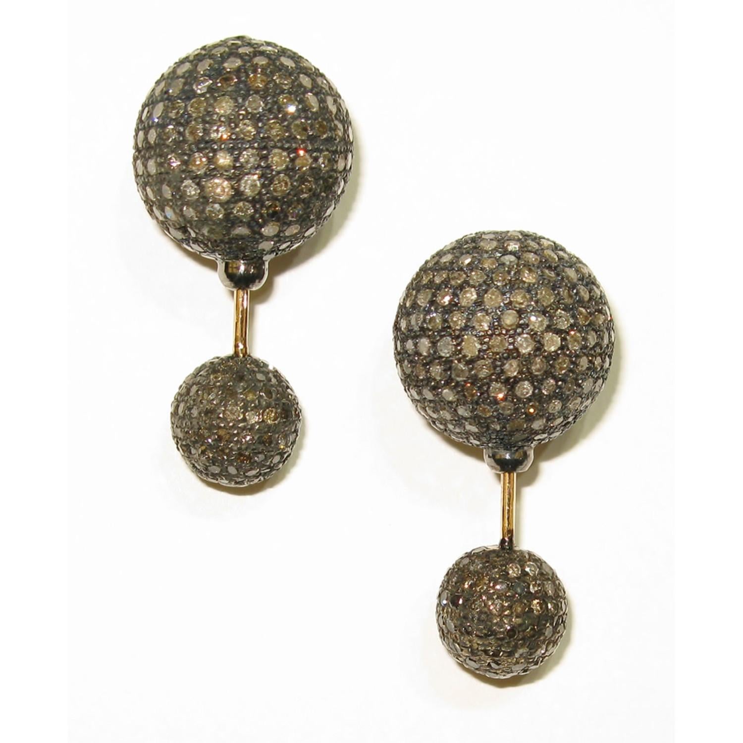 Mixed Cut Micro Pave Diamond Ball Tunnel Earring in Gold & Silver For Sale