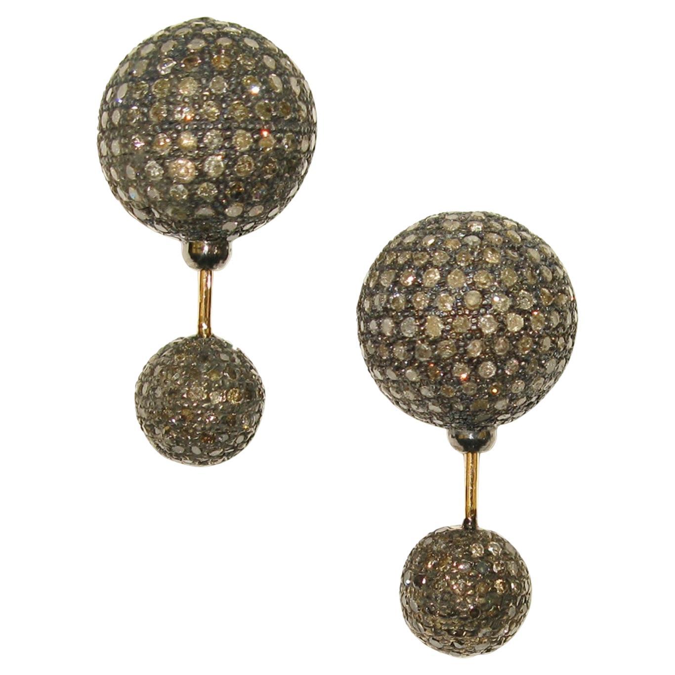 Micro Pave Diamond Ball Tunnel Earring in Gold & Silver For Sale