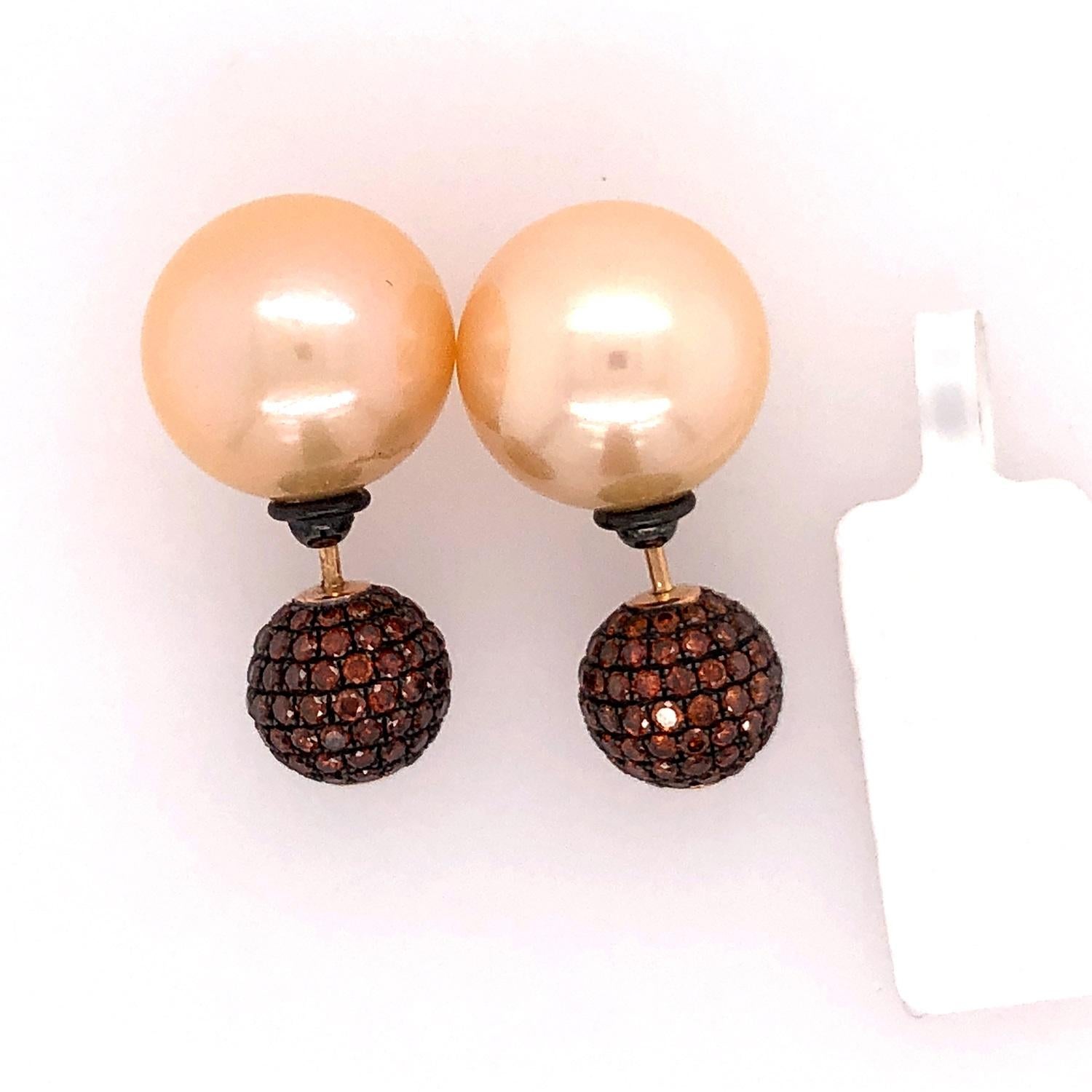 Art Nouveau Micro Pave Diamond & Golden Color Fresh Water Pearl Ball Tunnel Earring For Sale