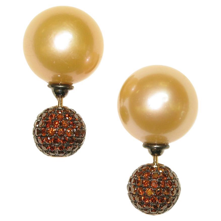 Micro Pave Diamond & Golden Color Fresh Water Pearl Ball Tunnel Earring For Sale
