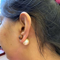 Micro Pave Diamond & Golden Color Fresh Water Pearl Ball Tunnel Earring