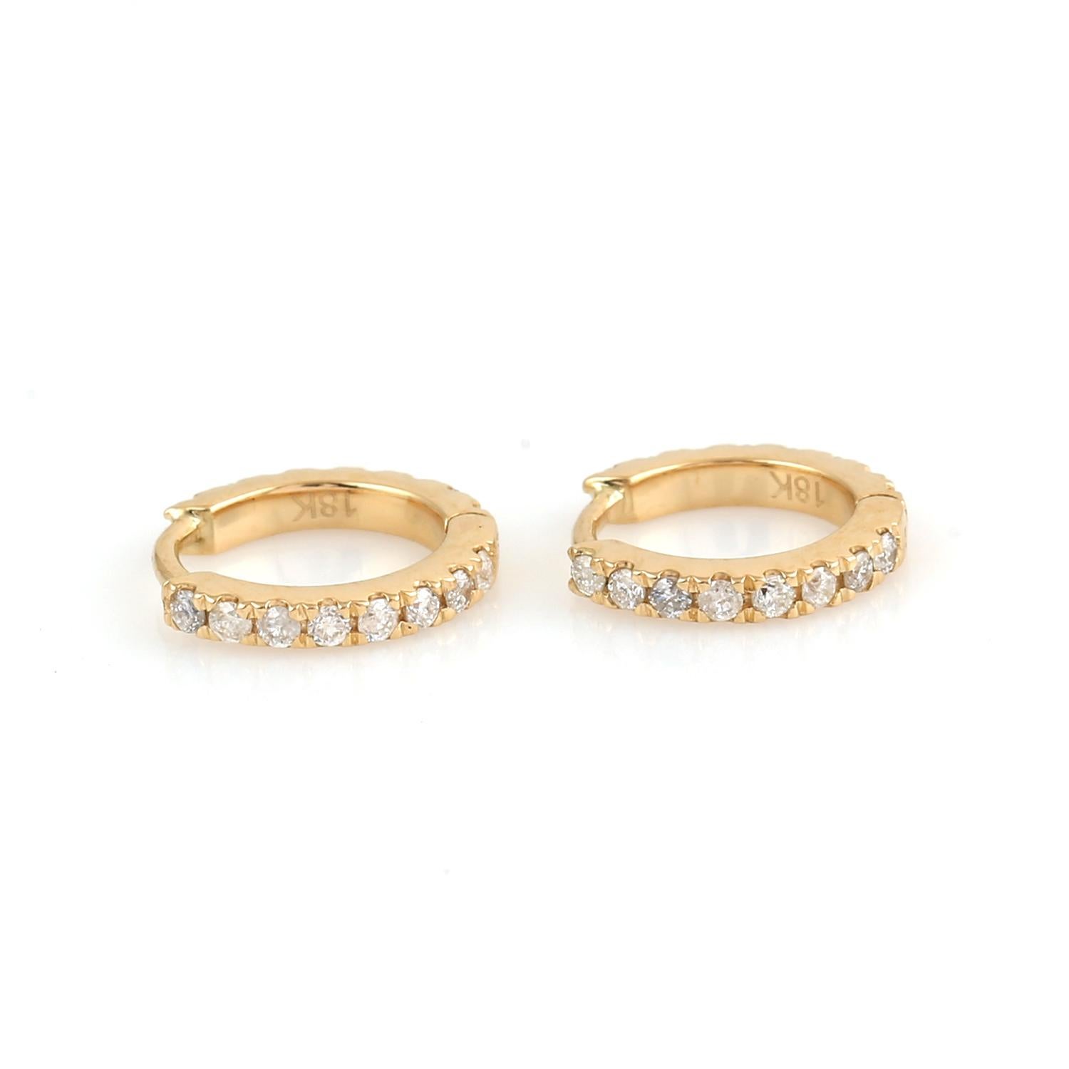 Micro Pave Diamond Hoop Earrings Made In 18k Yellow Gold In New Condition In New York, NY