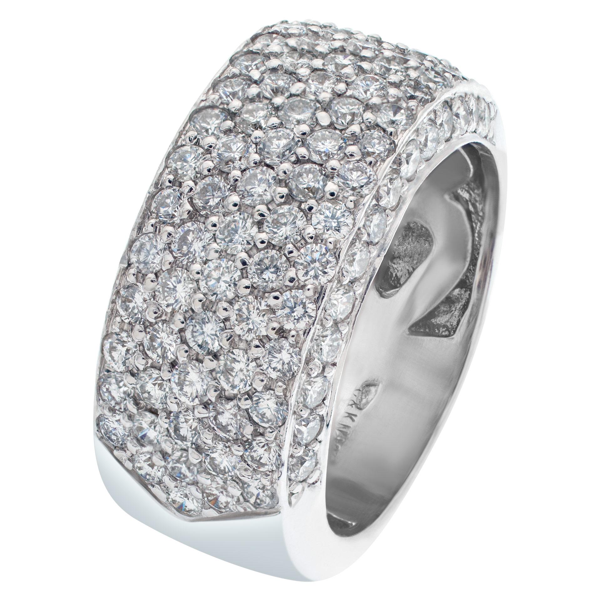 Sparkling bright micro pave diamond ring with approxikmately 1.5 carats in round cut brilliant diamonds set in a wide band of 18k white gold. Ring width 9.8mm. Size: 6.5.  This Diamond ring is currently size 6.5 and some items can be sized up or