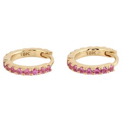 Micro Pave Pink Sapphire Hoop Earrings Made In 18k Yellow Gold