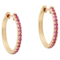 Micro Pave Pink Sapphire Hoop Earrings Made In 18k Yellow Gold