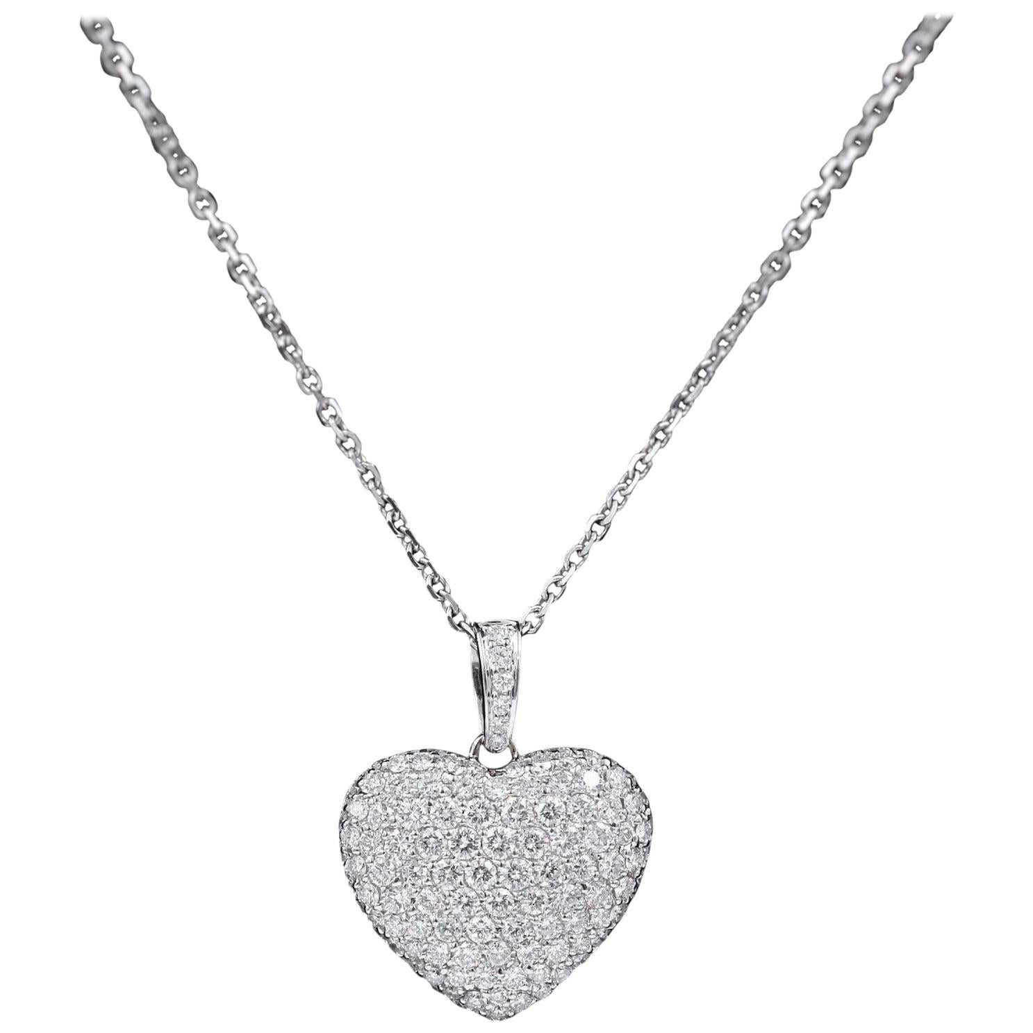 Micro Pave Round Diamond Heart Pendant 3.00 Carat Necklace in 18 Karat Gold