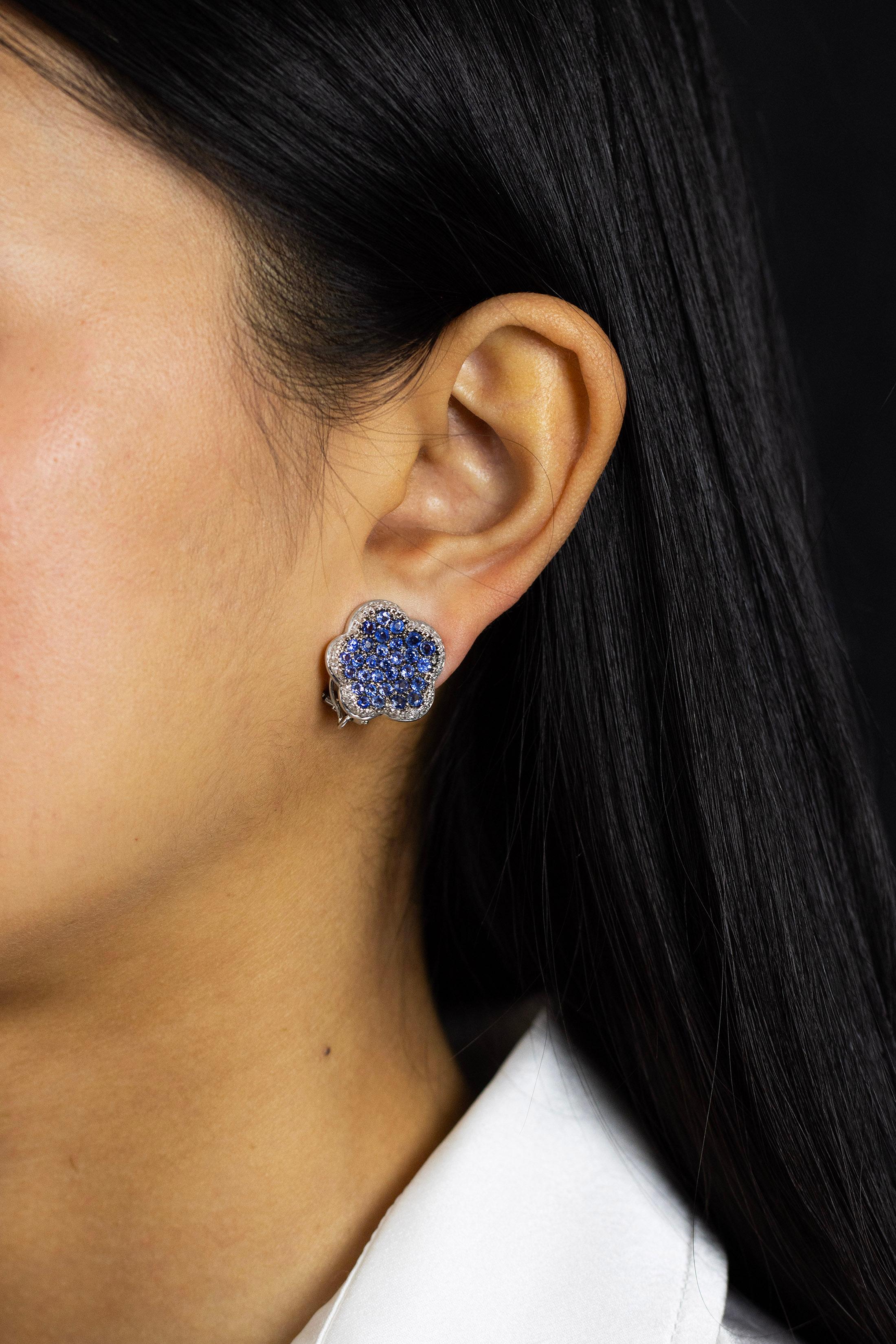 Contemporary 4.35 Carats Total Micro-Pave Set Blue Sapphire and Diamond Flower Earrings For Sale