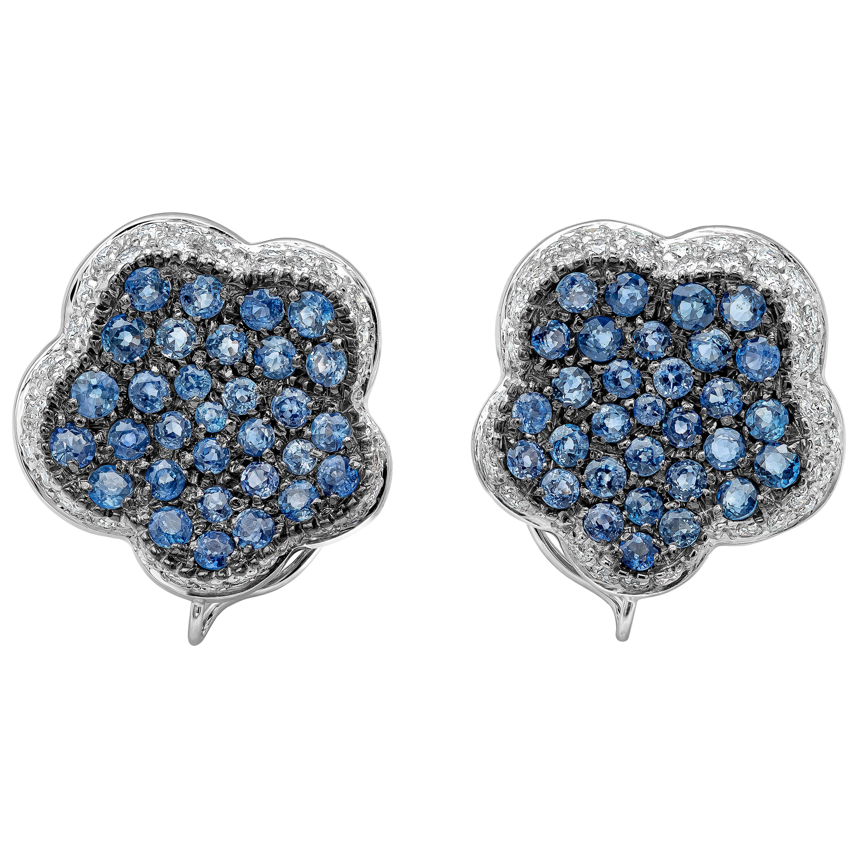 Micro-Pave Set Blue Sapphire and Diamond Flower Earrings