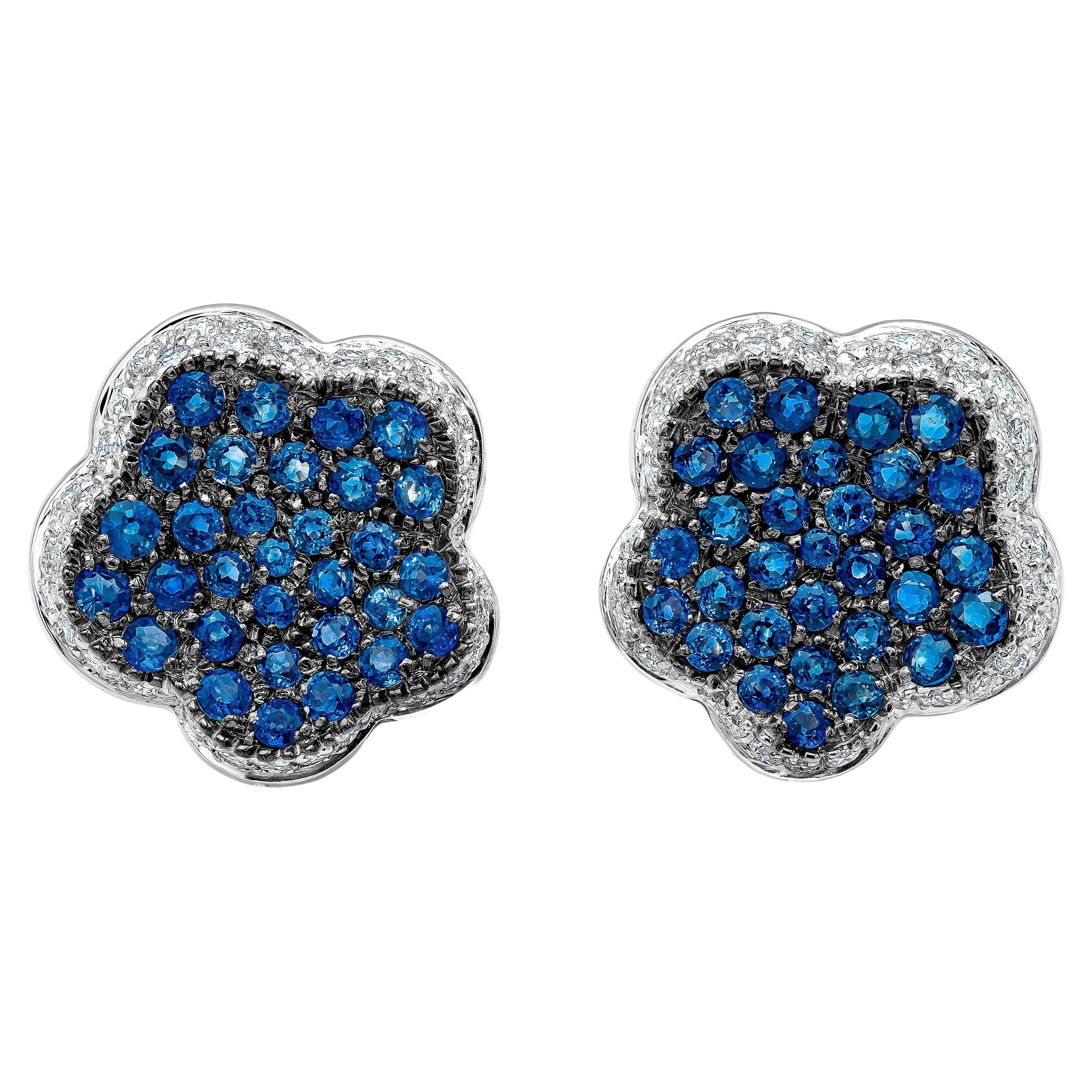 4.35 Carats Total Micro-Pave Set Blue Sapphire and Diamond Flower Earrings For Sale