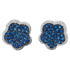 4.35 Carats Total Micro-Pave Set Blue Sapphire and Diamond Flower Earrings