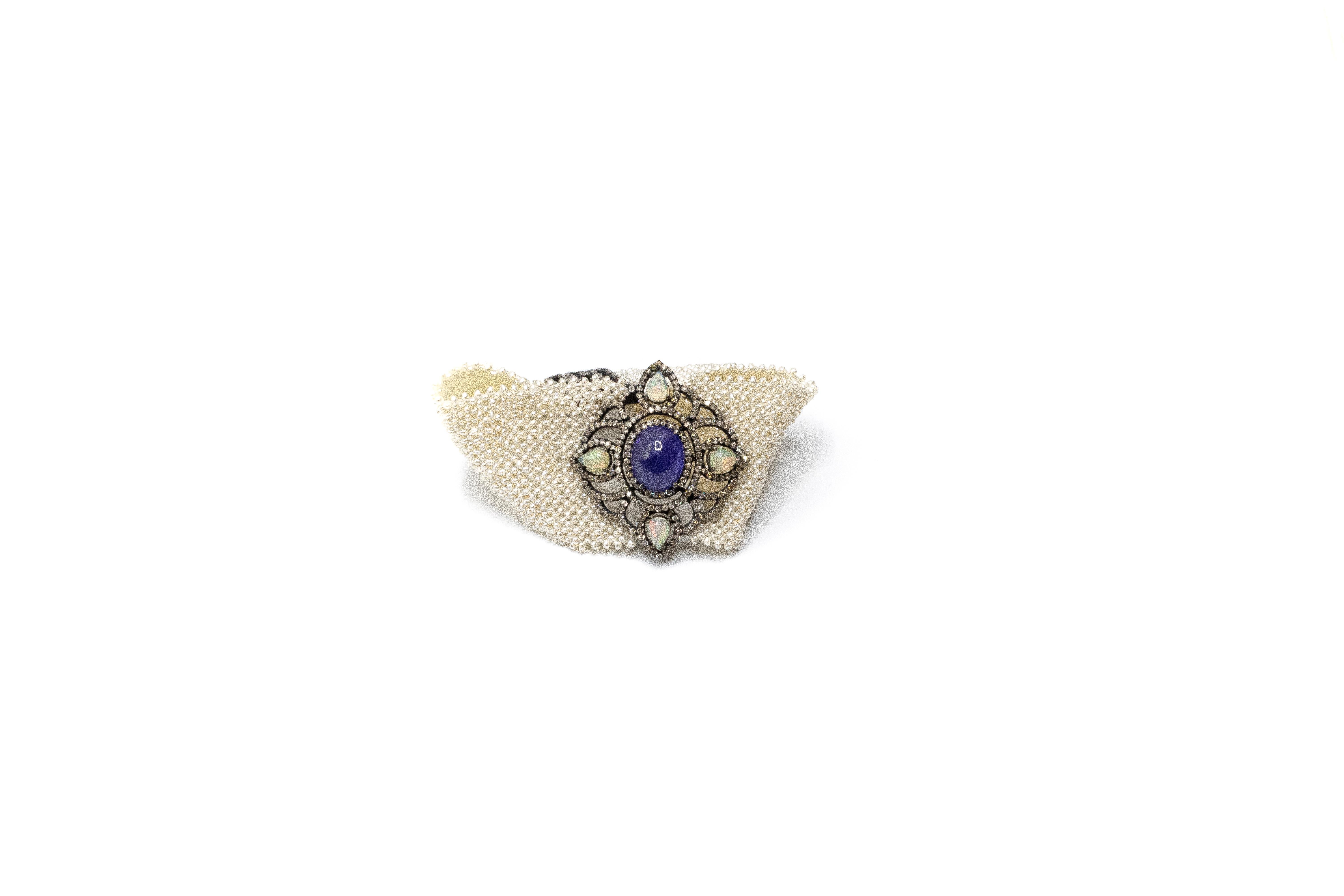 Micro Pearl Tanzanite Welo Opal Diamond Gold and Silver Choker Bracelet In Good Condition In New York, NY