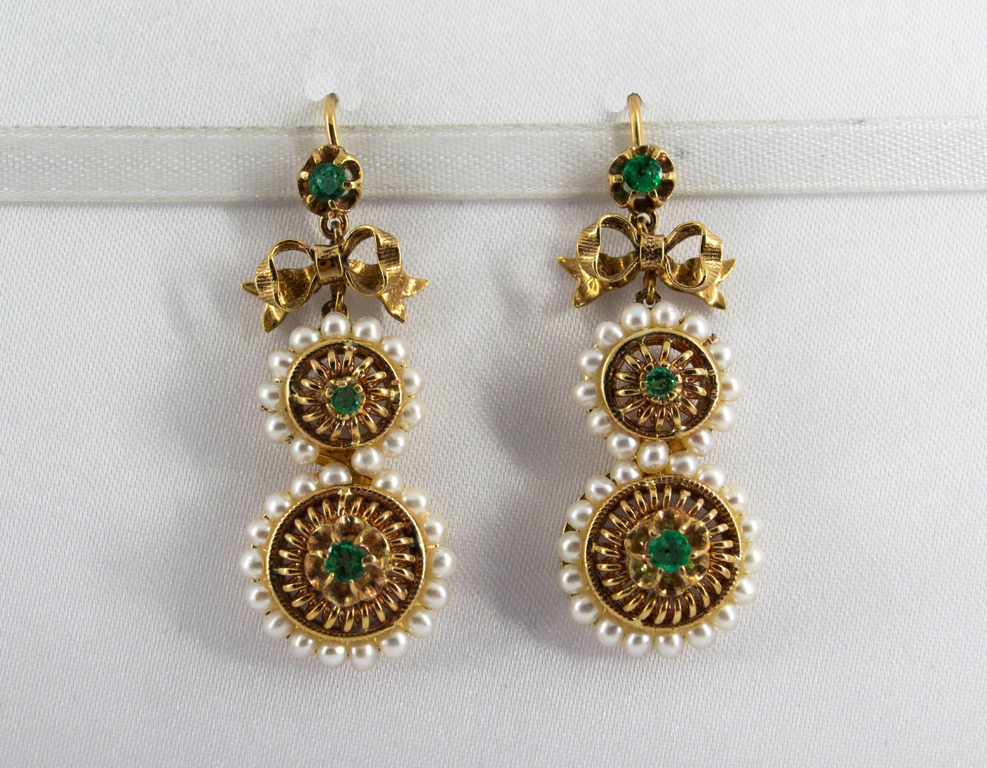 These  Earrings are made of 9K Yellow Gold.
These Earrings have 1.00 Carat of Emeralds.
These Earrings have also Micro Pearls.
We're a workshop so every piece is handmade, customizable and resizable.