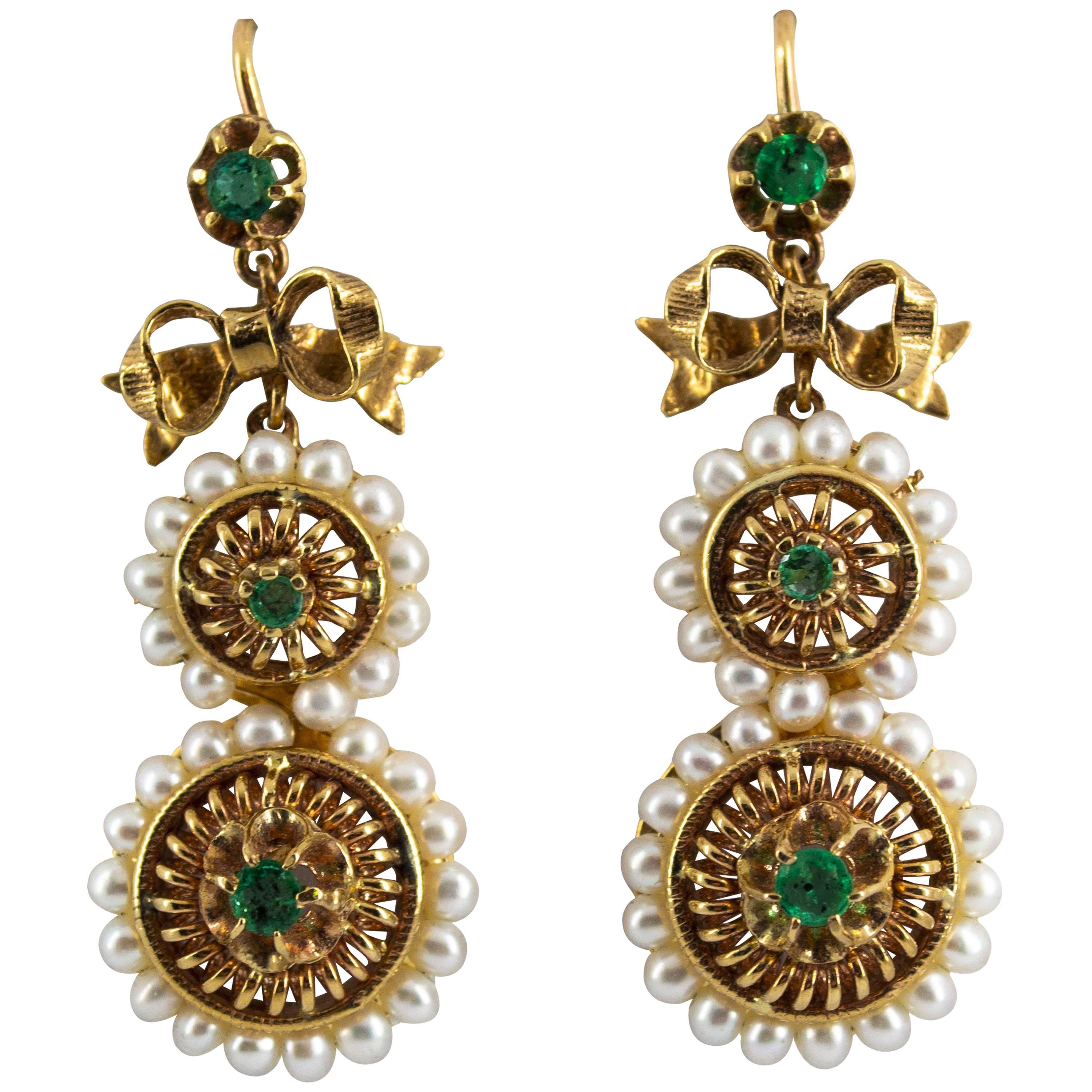 Micro Pearls 1.00 Carat Emerald Yellow Gold Stud Earrings
