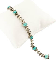 Microesculturas de Turquesa, Diamantes Pulsera de Eslabones de Oro Rosa y Plata