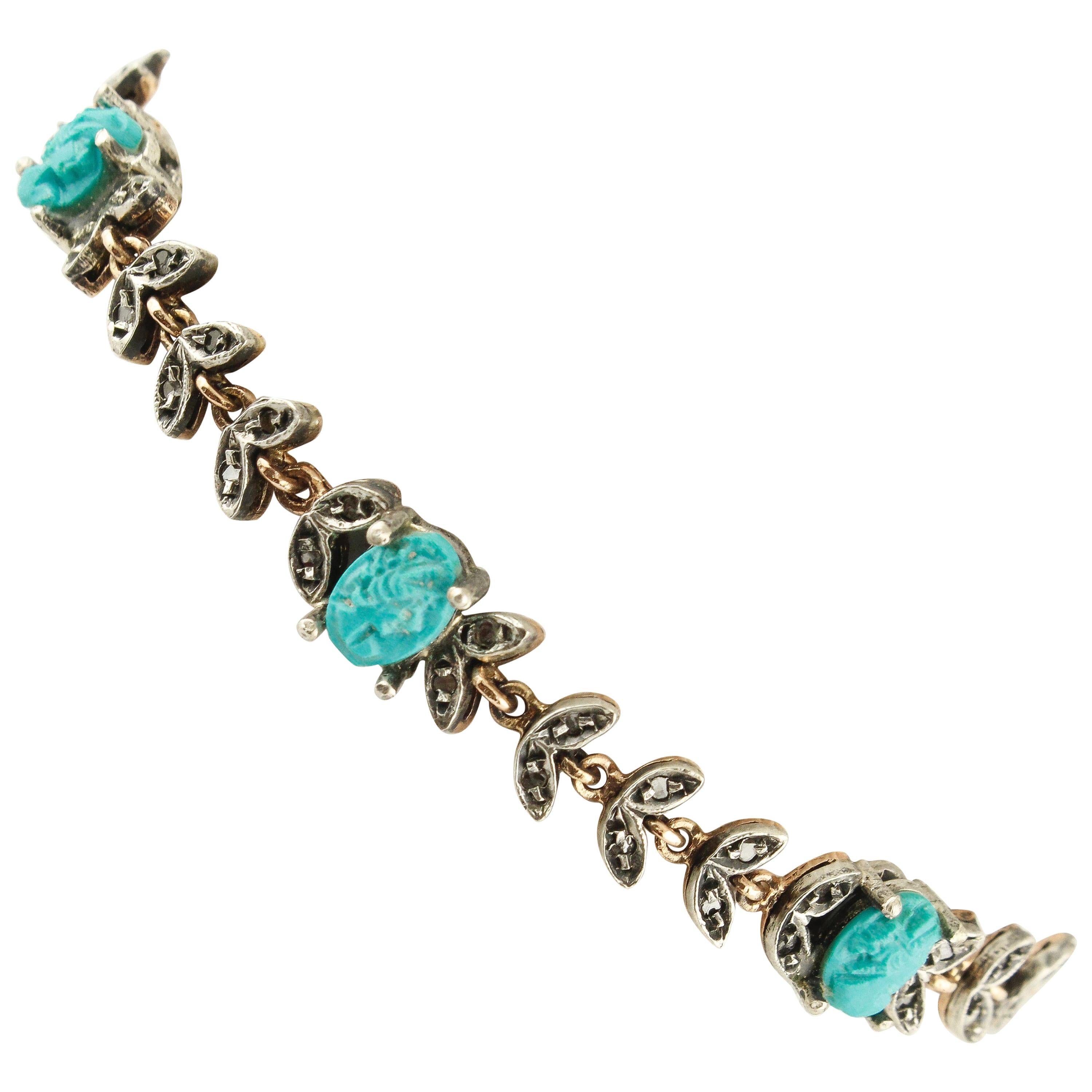 Micro-Sculptures of Turquoise, Diamonds Rose Gold and Silver Link Bracelet For Sale
