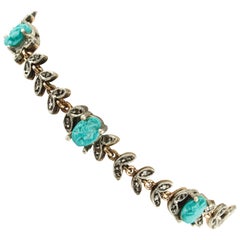 Vintage Micro-Sculptures of Turquoise, Diamonds Rose Gold and Silver Link Bracelet