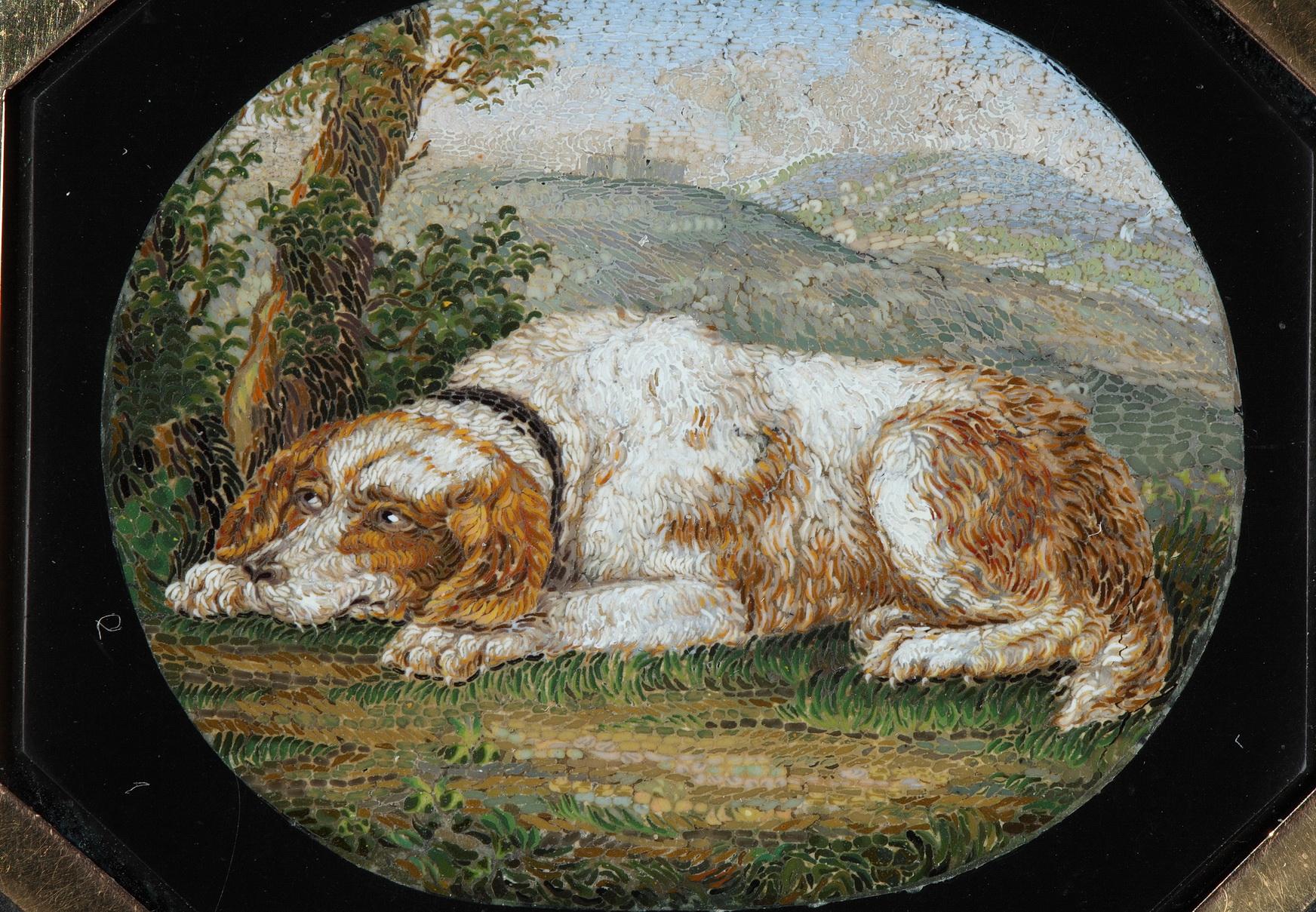 Restauration Micromosaic and gold paperweight. After G.Barberi. Early 19th century. For Sale