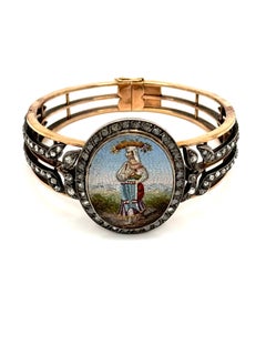 18K Gold Antique French Micromosaic Bracelet with Rose-Cut Diamonds, Circa 1870