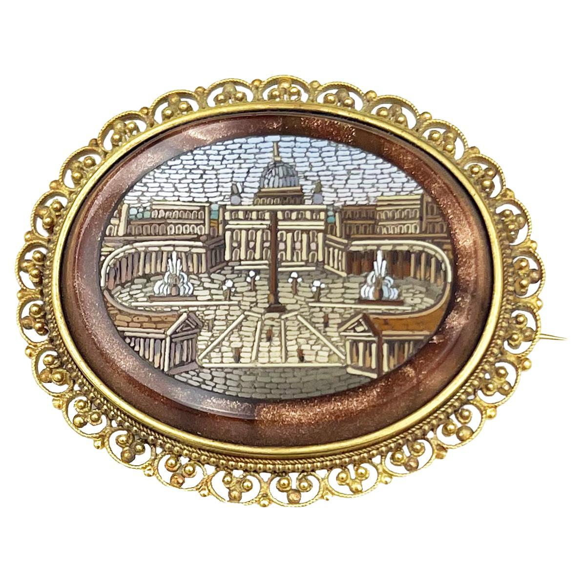 Micromosaic Brooch from Vatican Mosaic Workshop Depicting St.Peter's Basilica For Sale