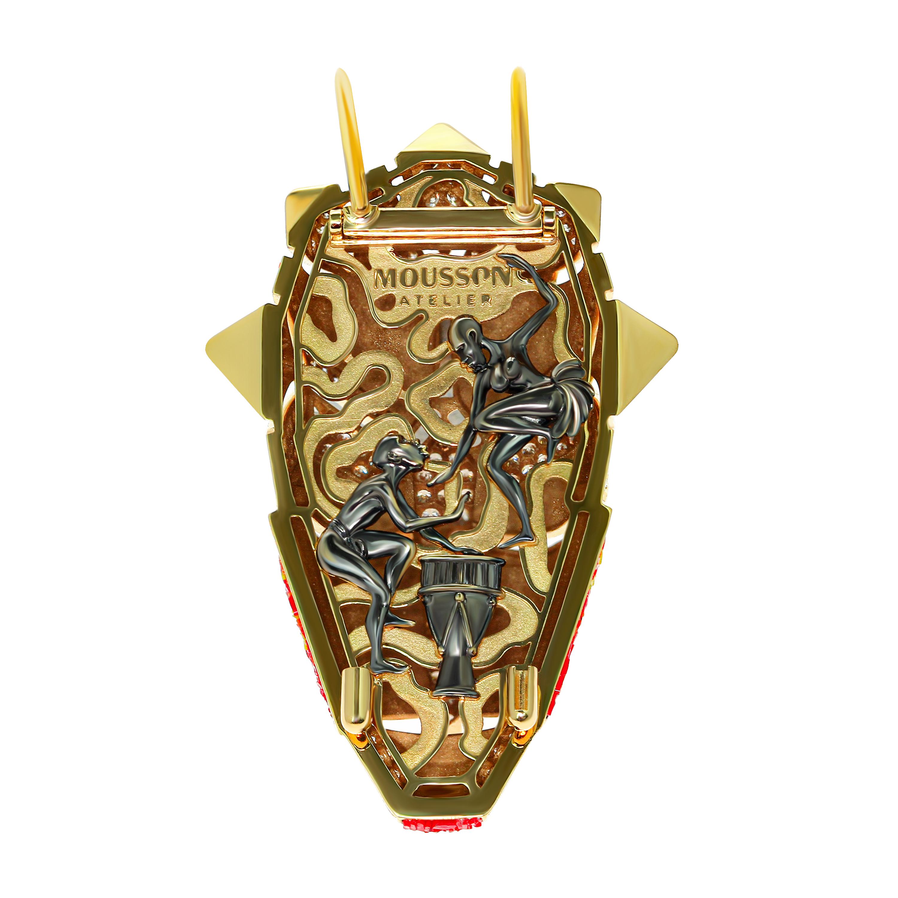 Micromosaic Champagne Diamonds 18 Karat Yellow Gold Shaman Mask Brooch
Inspired by shamanic tribes of unseen central Africa. Feel the mystical drums vibes and listen unknow traditional songs. 
Use this brooch like an amulet. It will attract only