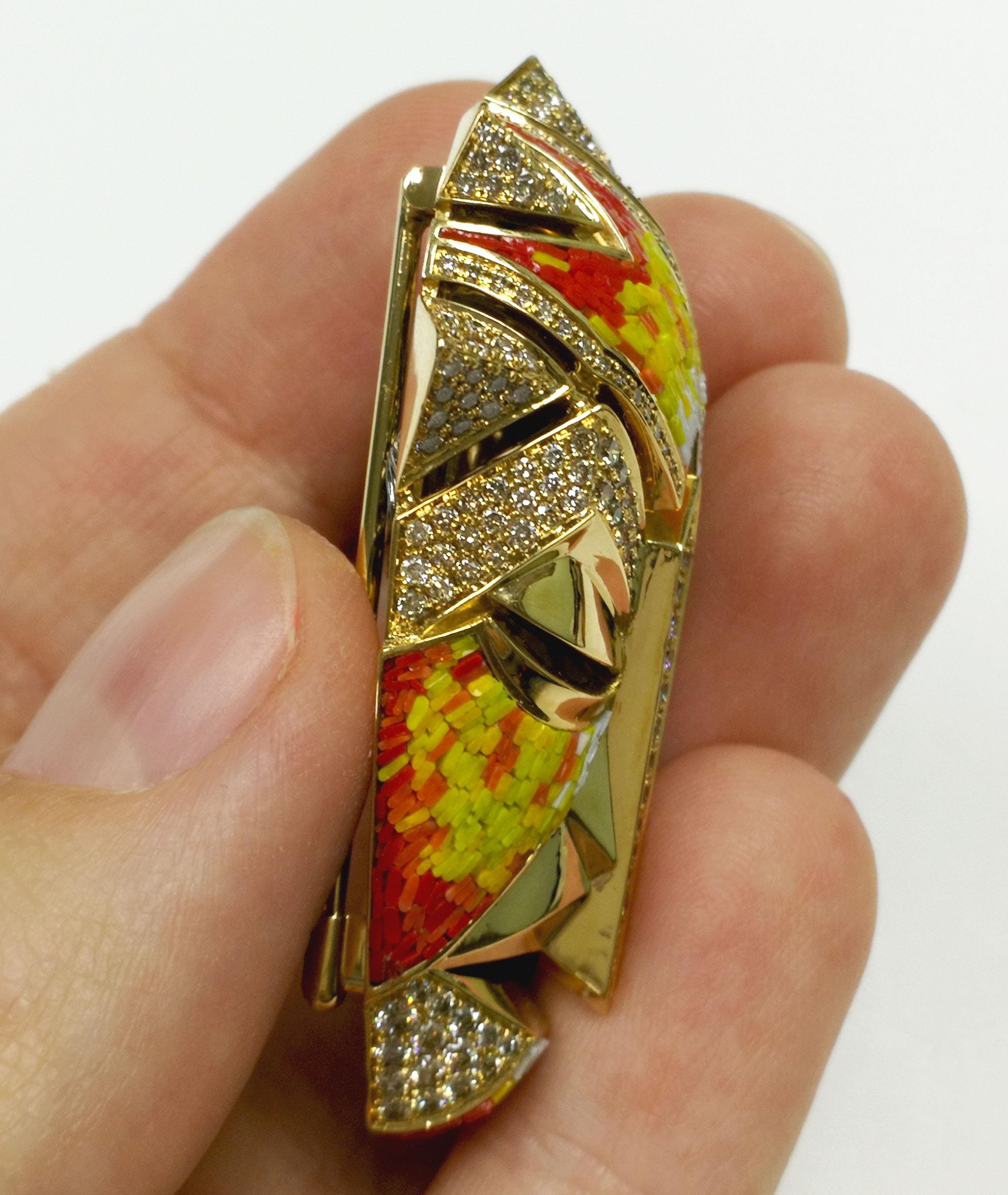 Arts and Crafts Micromosaic Champagne Diamonds 18 Karat Yellow Gold Shaman Mask Brooch For Sale